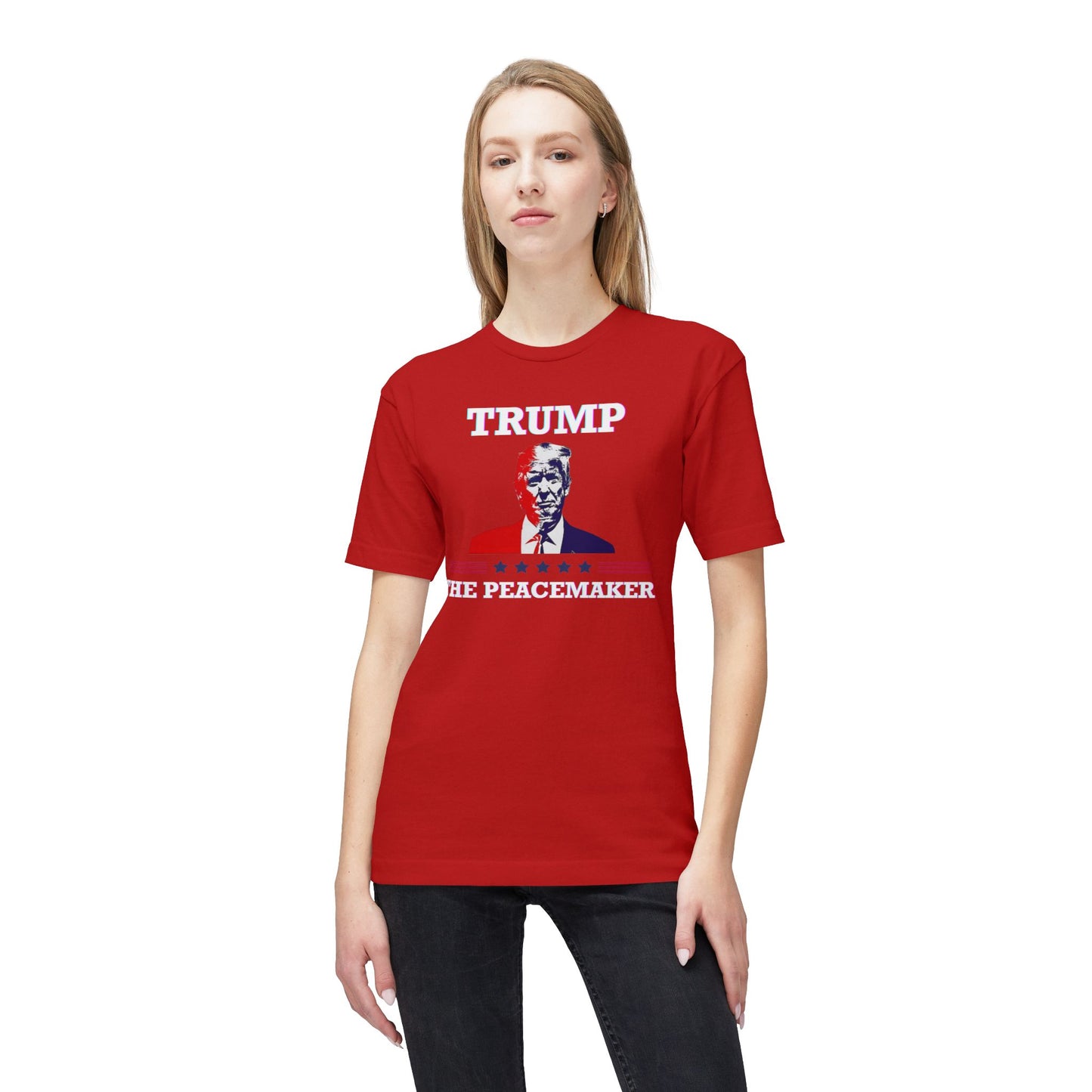Front view on model: bright red tee with "TRUMP", Trump image, "HE PEACEMAKER" text