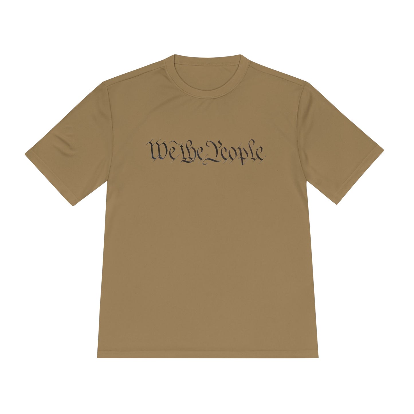 Front view of tan moisture-wicking tee with black cursive "We the People" print hiding QR easter egg