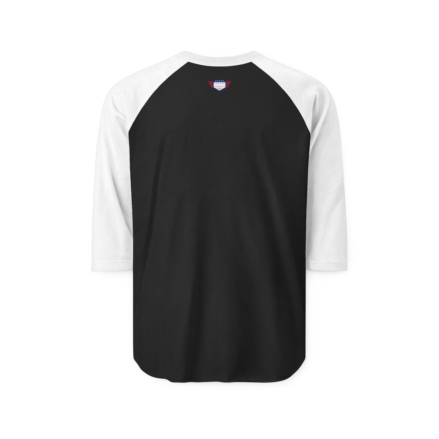Back of black/white raglan tee, simple plain rear with discreet neck label