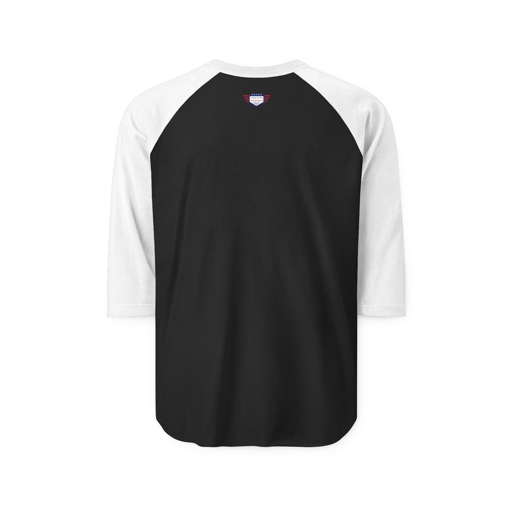 Back of black/white raglan tee, simple plain rear with discreet neck label