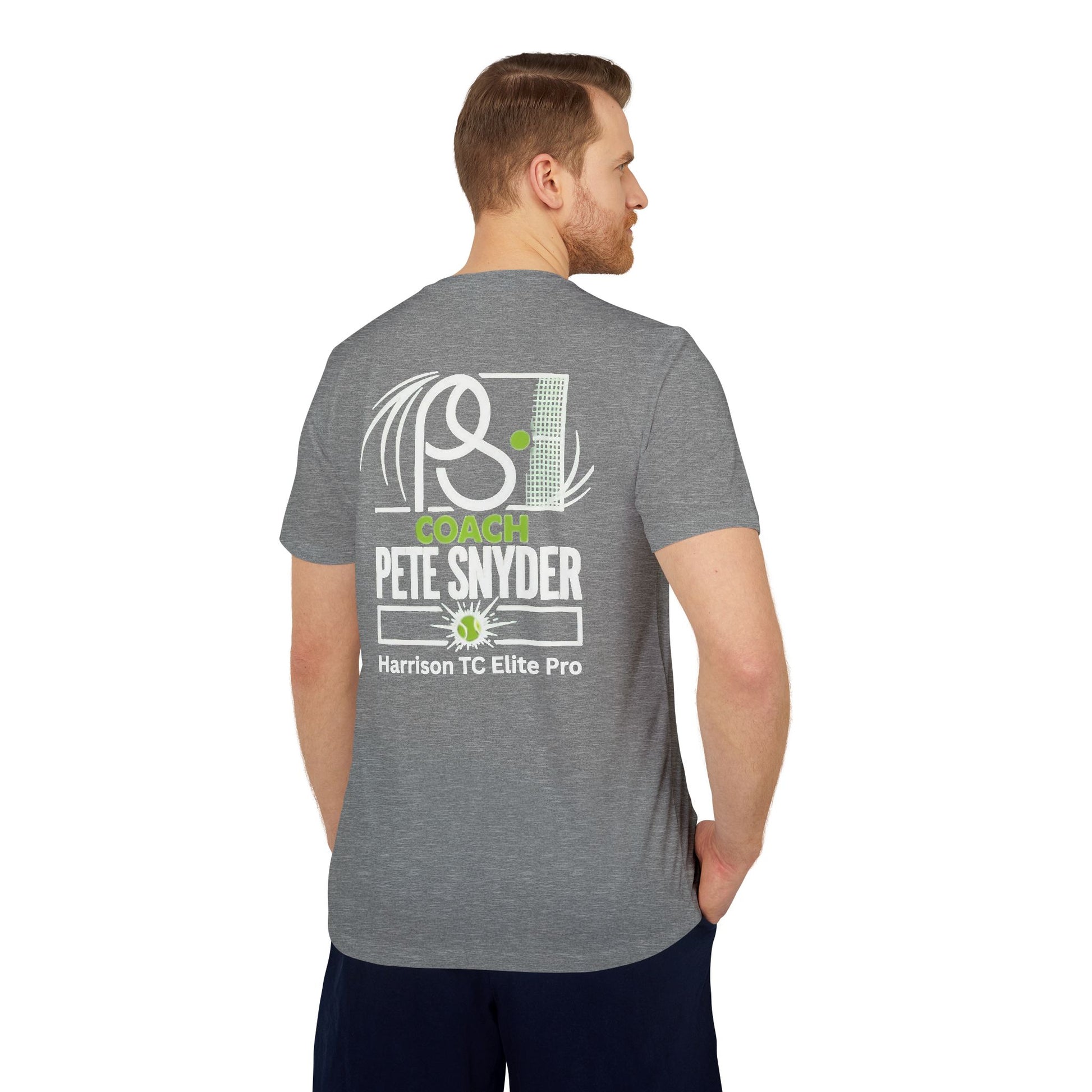 Back view of heather blue performance tee, white swirling racket/net graphic, "COACH PETE SNYDER" and "HARRISON TC ELITE PRO" text