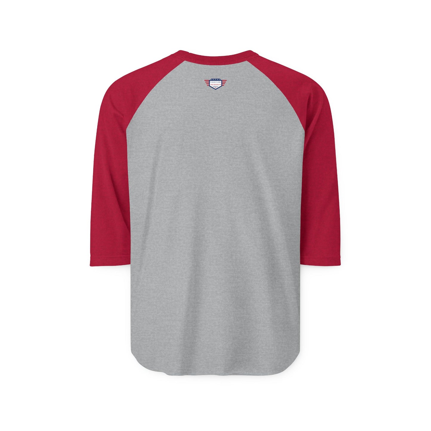 Back view of heather grey raglan with red sleeves, neck label peeking out – fiery sleeves for klunkers