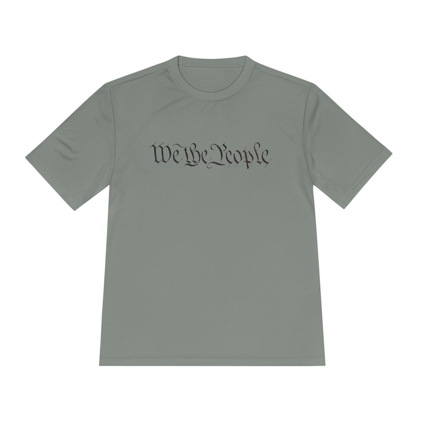 Front view of sage green moisture-wicking tee with black cursive "We the People" print hiding QR easter egg