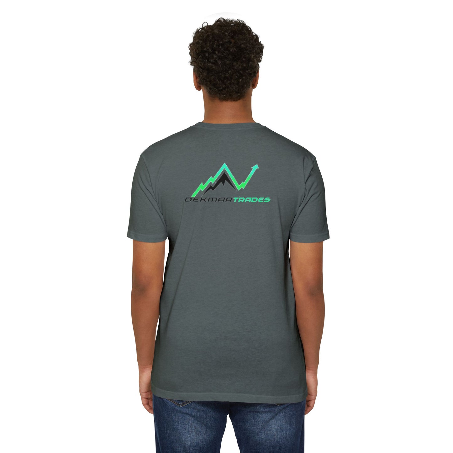 Back view of Black man in charcoal gray t-shirt showing green "Dekmar Trades" mountain arrow design