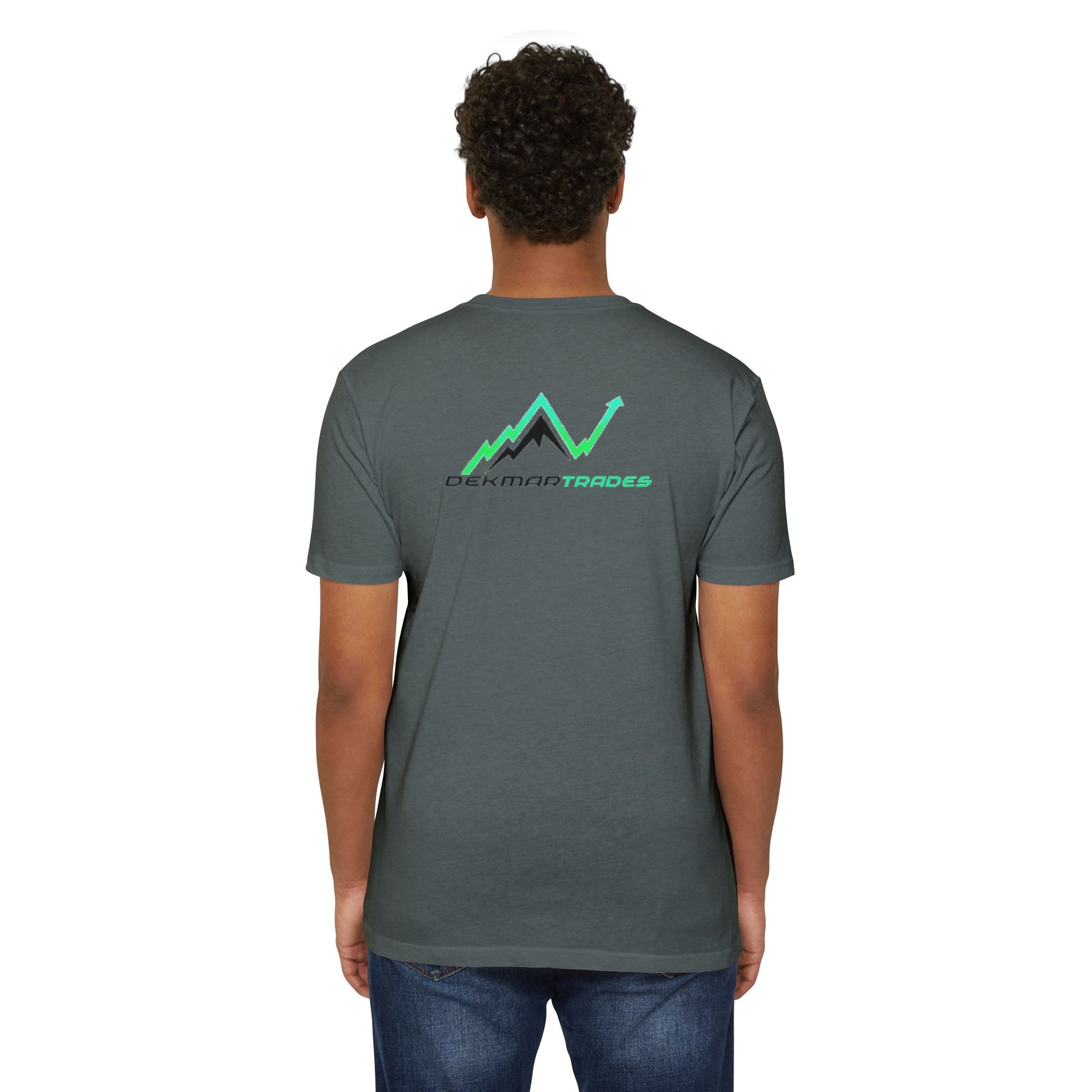 Back view of Black man in charcoal gray t-shirt showing green "Dekmar Trades" mountain arrow design