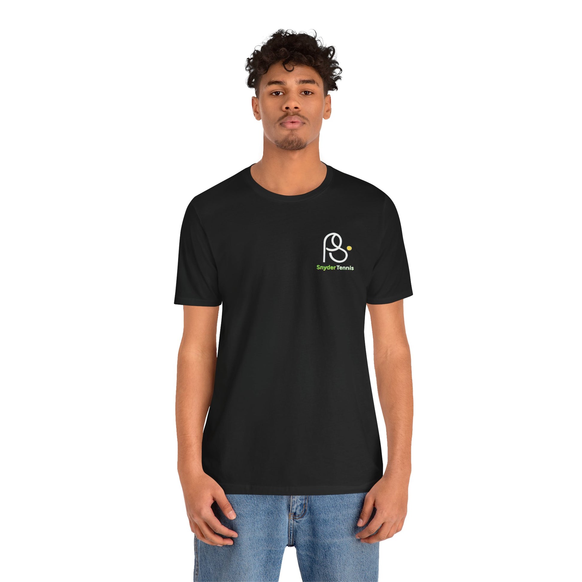 Dude modeling front of black tee, crisp white PS ball emblem and green "PS Tennis" on chest, jeans ready