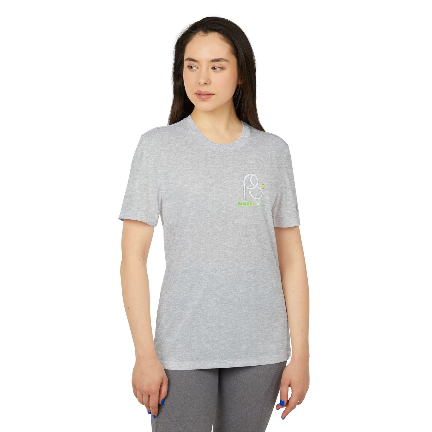 Female model front view in heather gray Snyder Tennis adidas tee, relaxed athletic pose