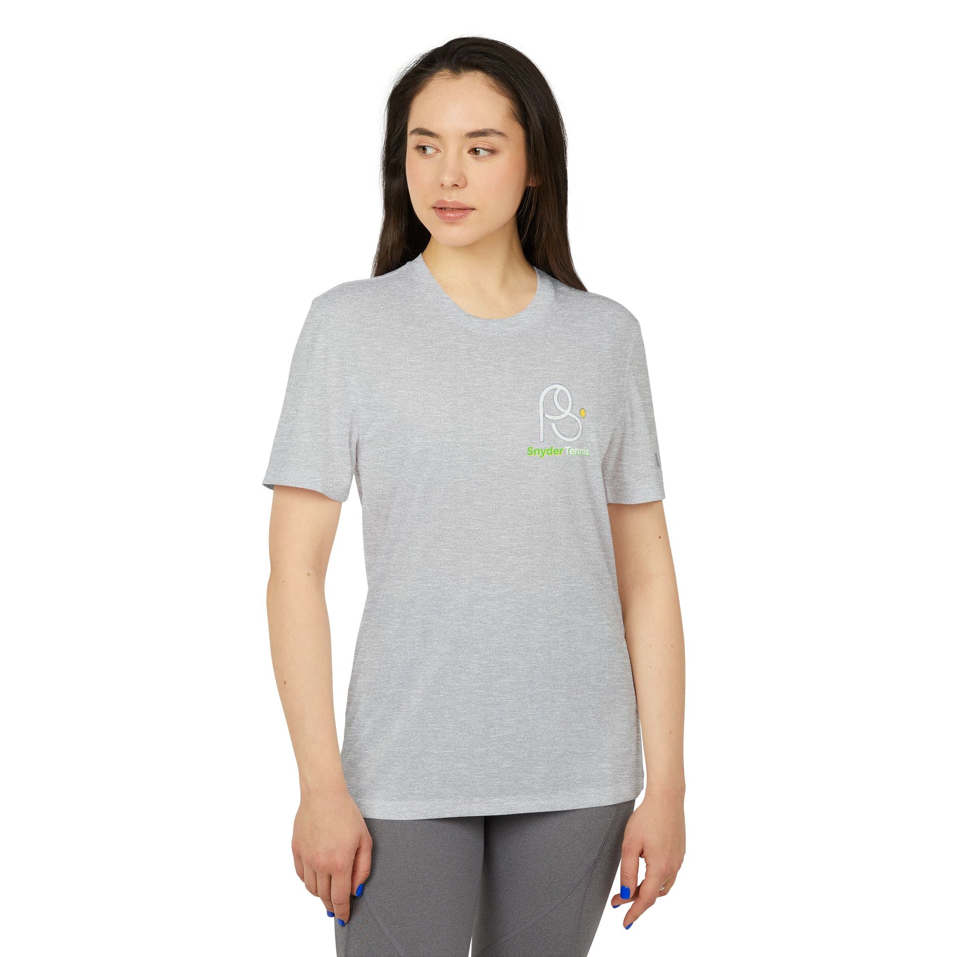 Female model front view in heather gray Snyder Tennis adidas tee, relaxed athletic pose