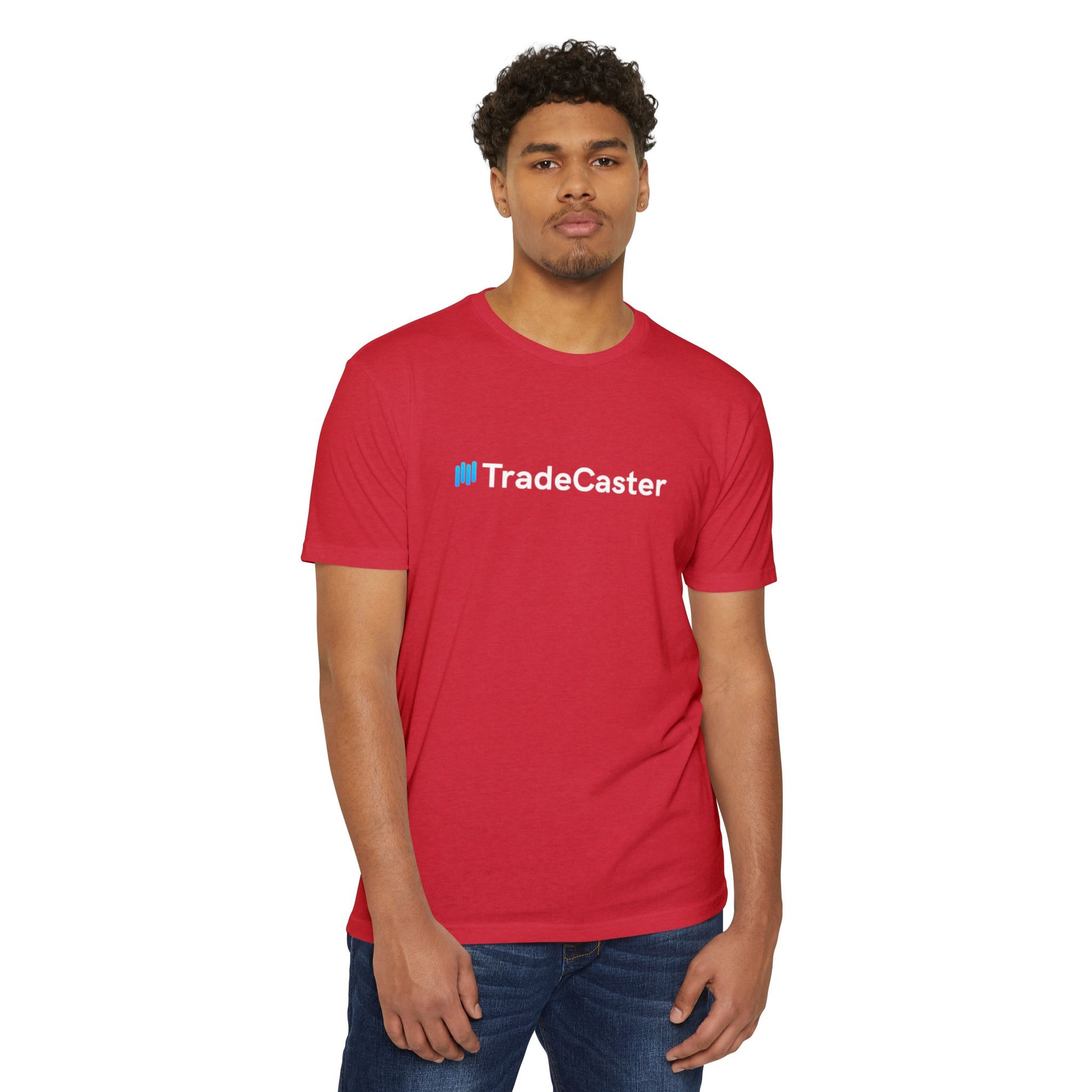 Man model front view in red TradeCaster jersey tee, blue hashtag TradeCaster print