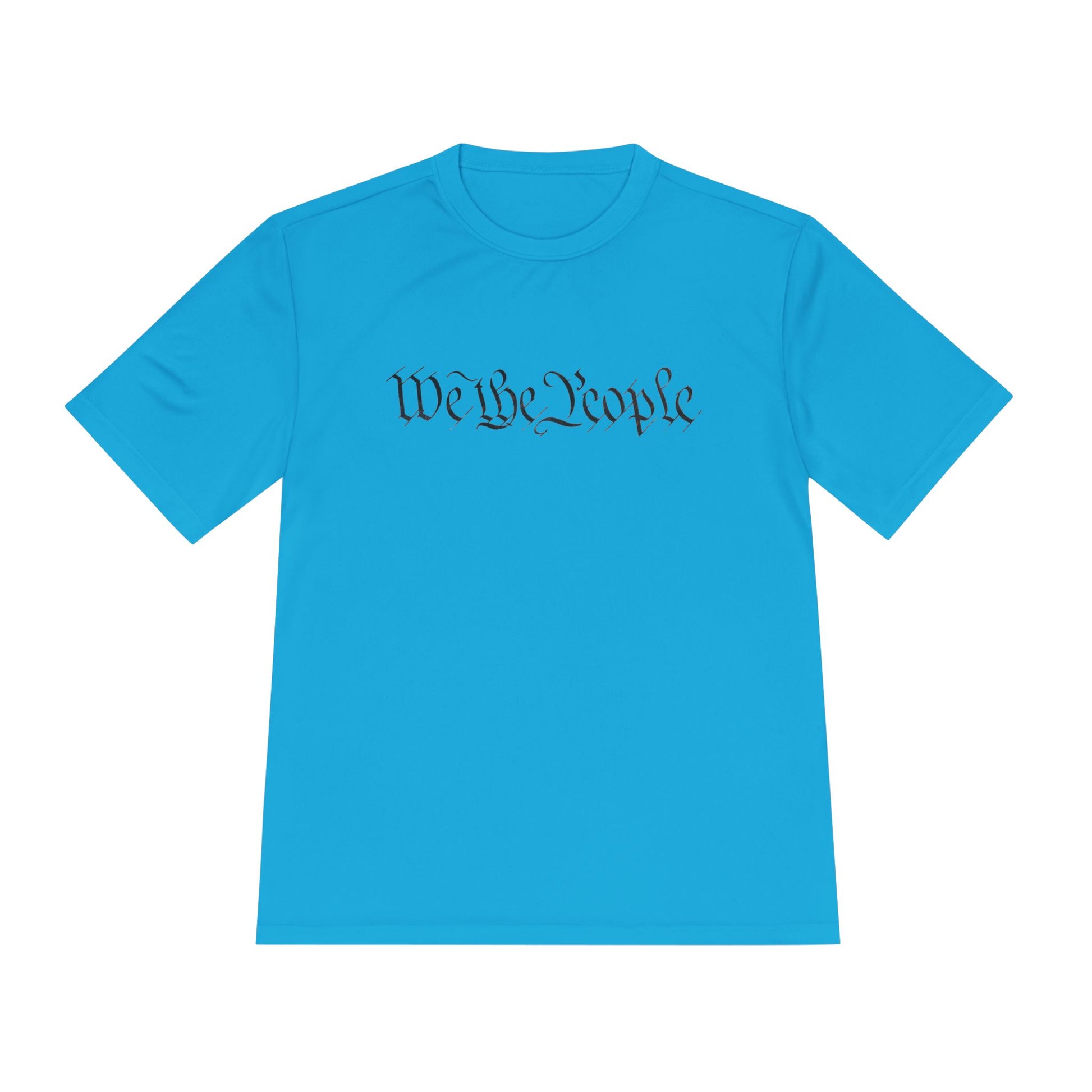 Front view of atomic blue moisture-wicking tee with black cursive "We the People" print hiding QR easter egg