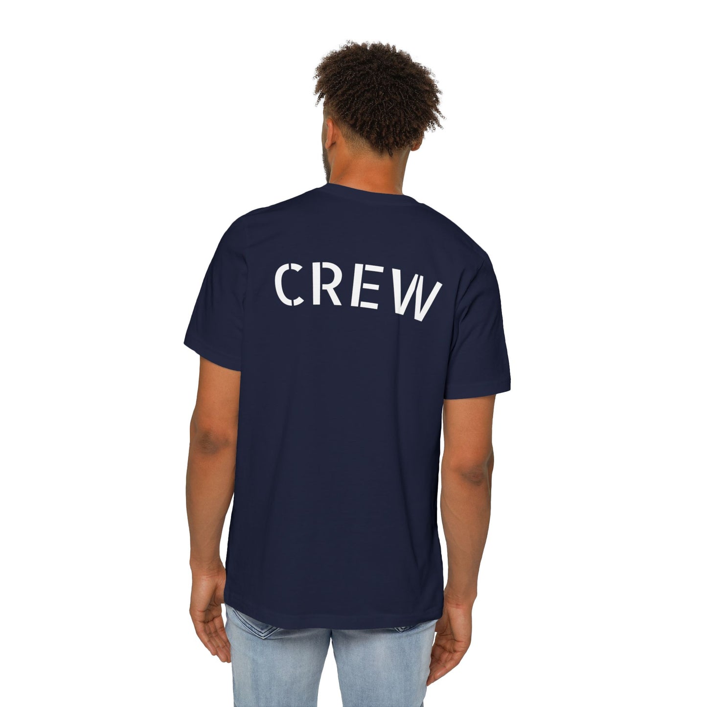 Male model rear view navy gray crew tee, bold white "CREW" across back like a badge of honor