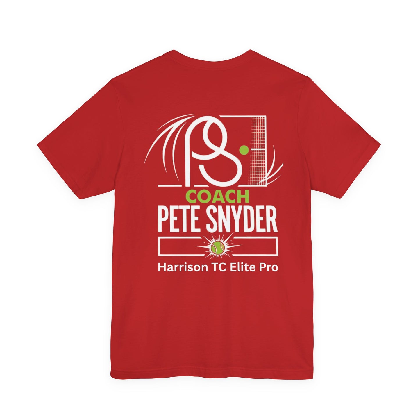 Flat lay back of heather red Coach Pete Snyder tee, bold white swishing racket print, green-highlighted coach text