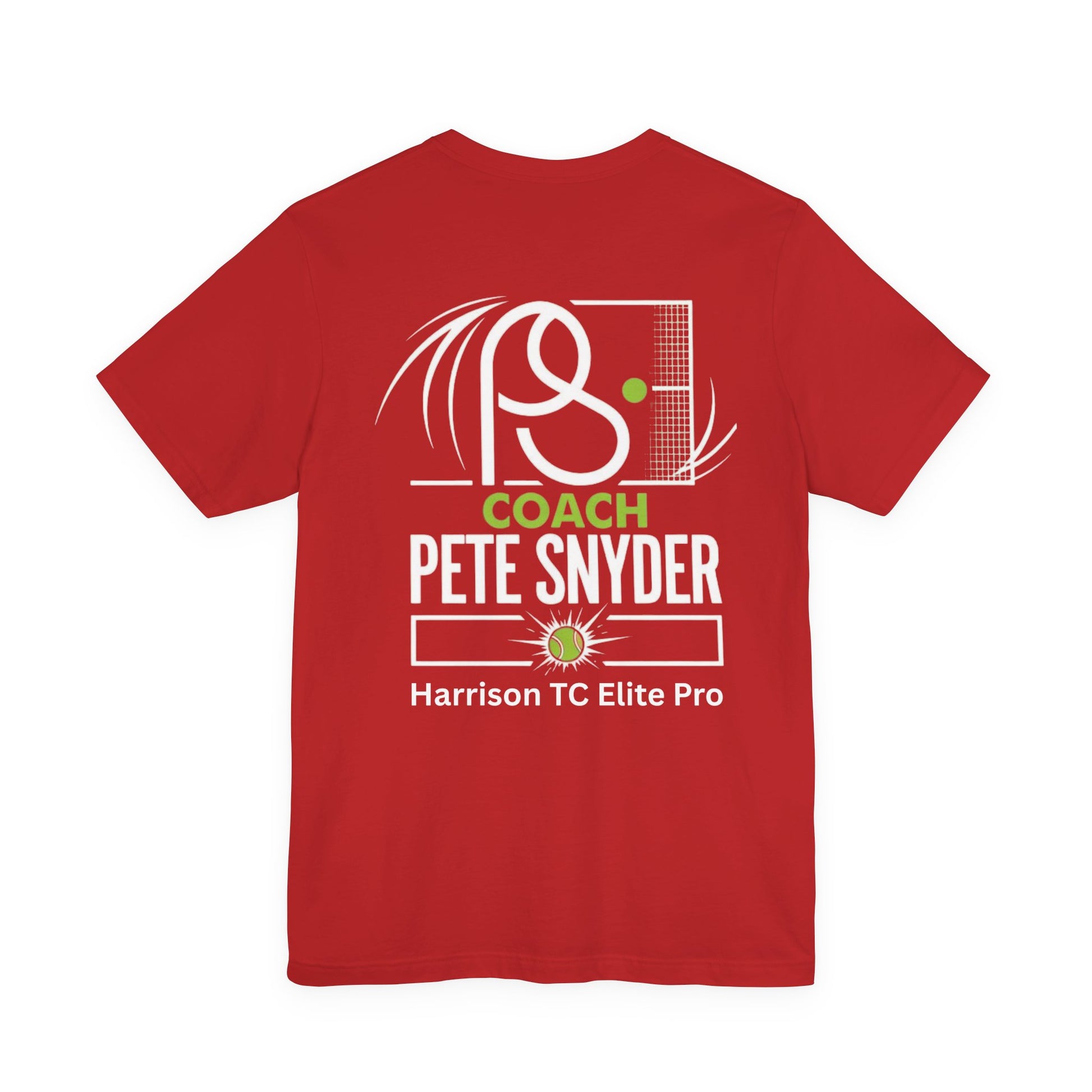 Flat lay back of heather red Coach Pete Snyder tee, bold white swishing racket print, green-highlighted coach text