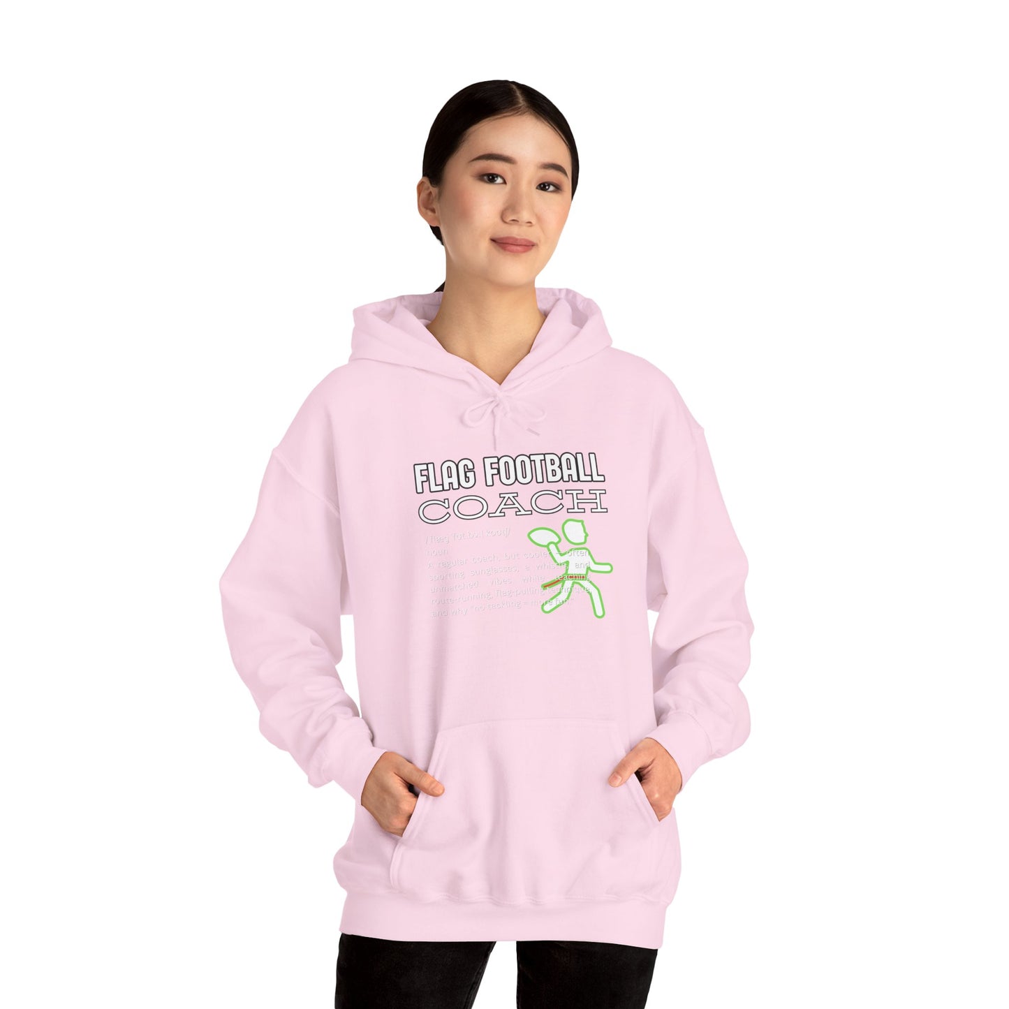 Female model wears light pink Flag Football Coach hoodie front, print with green flag-pull figure