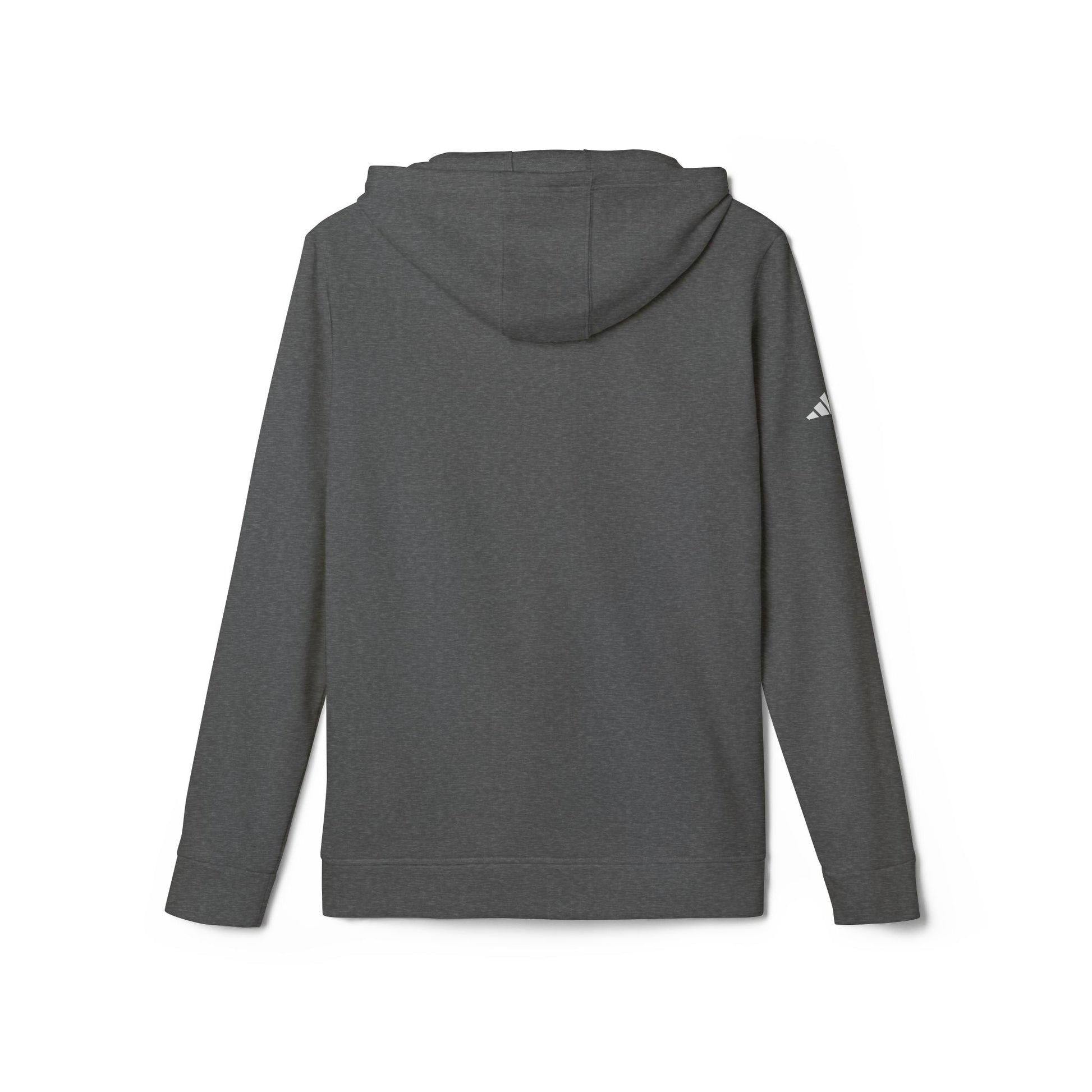 Back view of grey heather Adidas fleece hoodie, clean with small white adidas logo on sleeve — no drama, all cozy