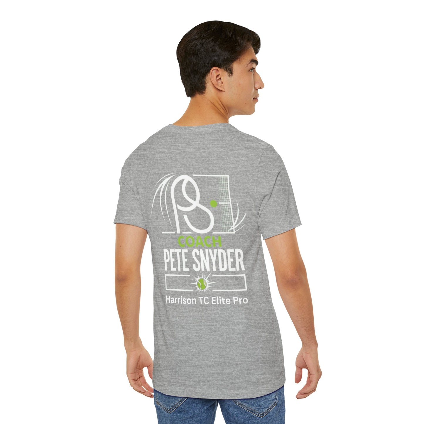 Rear view of male model in heather gray tee, bold back print with tennis swish/net graphic, "COACH PETE SNYDER Harrison TC Elite Pro"