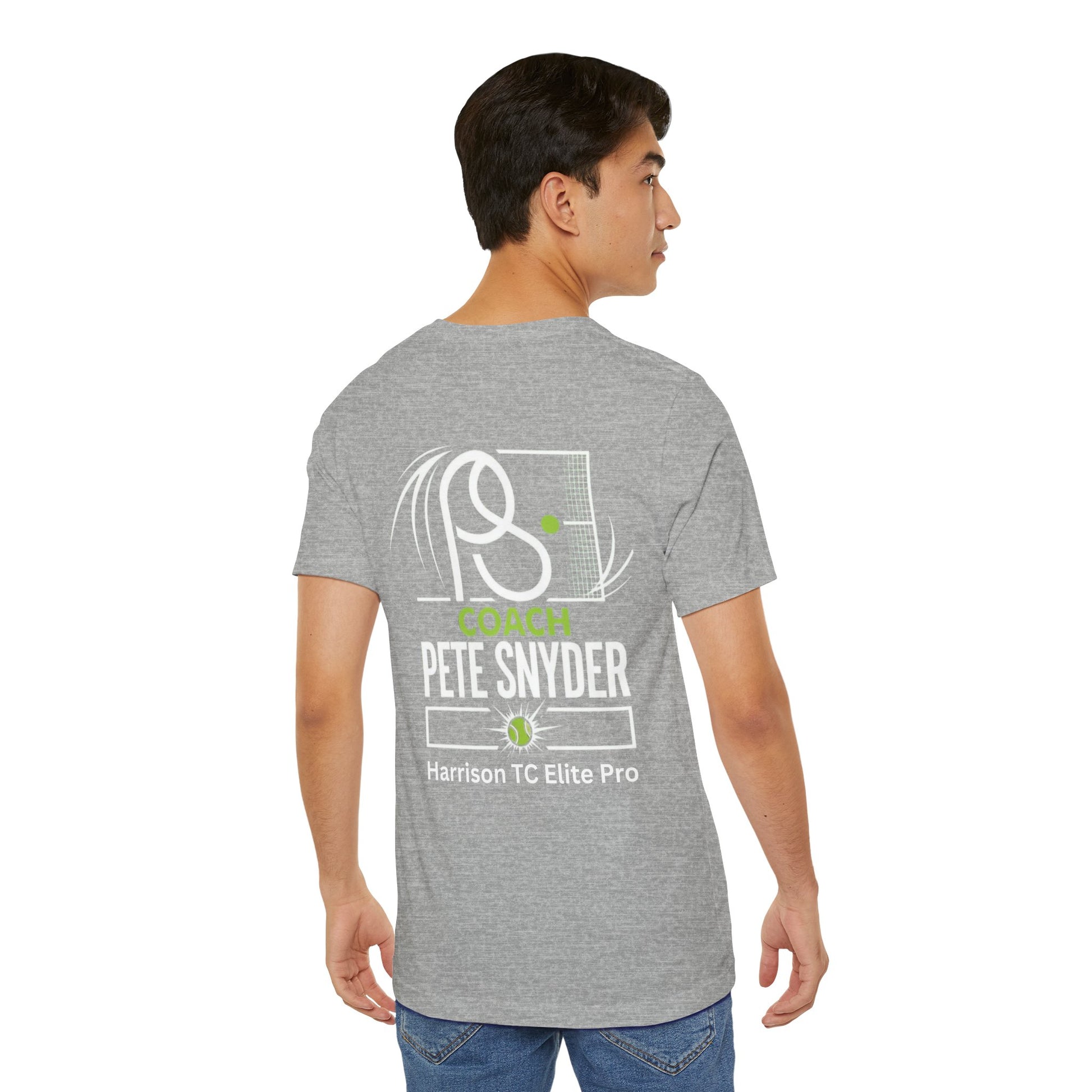 Rear view of male model in heather gray tee, bold back print with tennis swish/net graphic, "COACH PETE SNYDER Harrison TC Elite Pro"