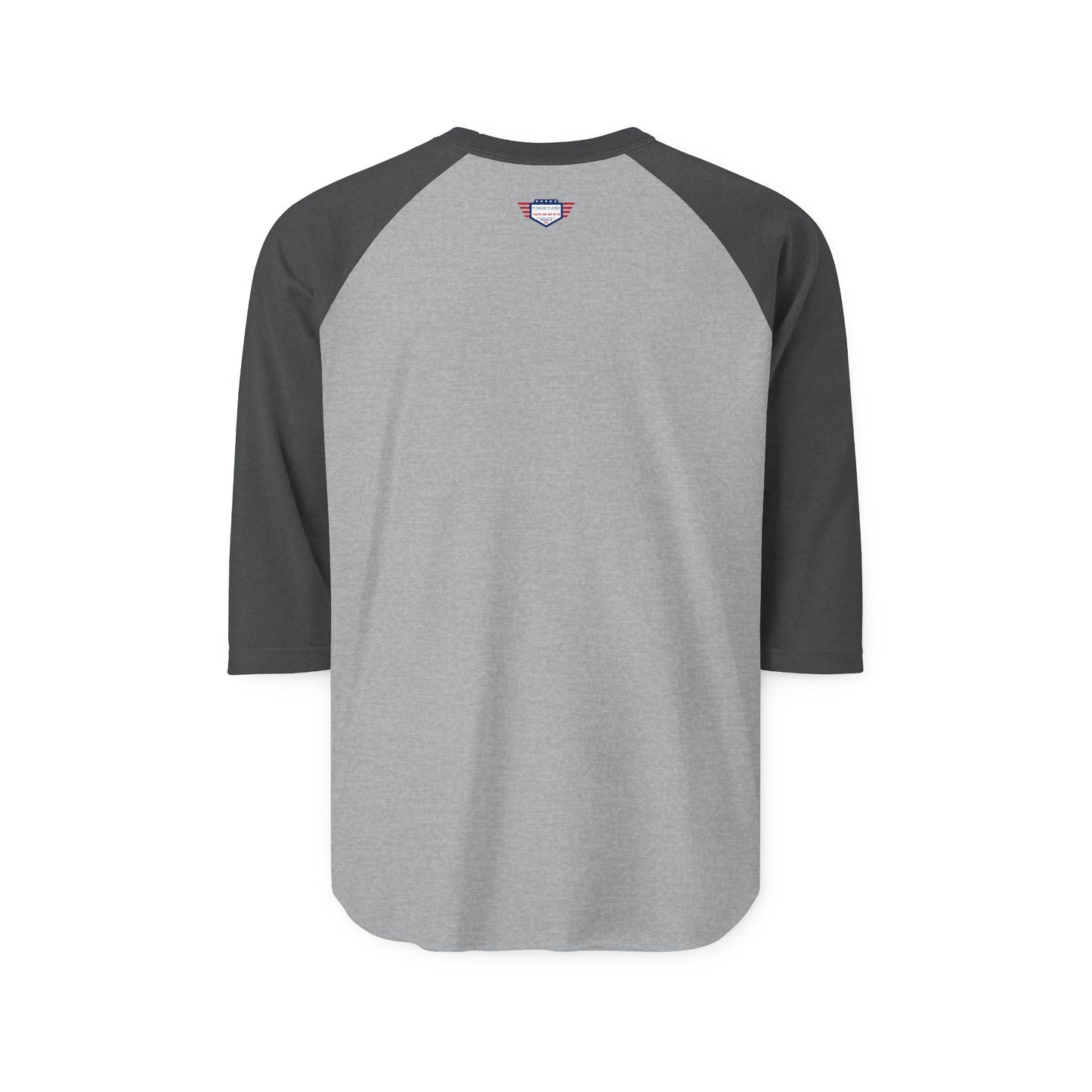 Plain back of heather grey-body black-sleeve raglan shirt, subtle neck tag, clean and casual