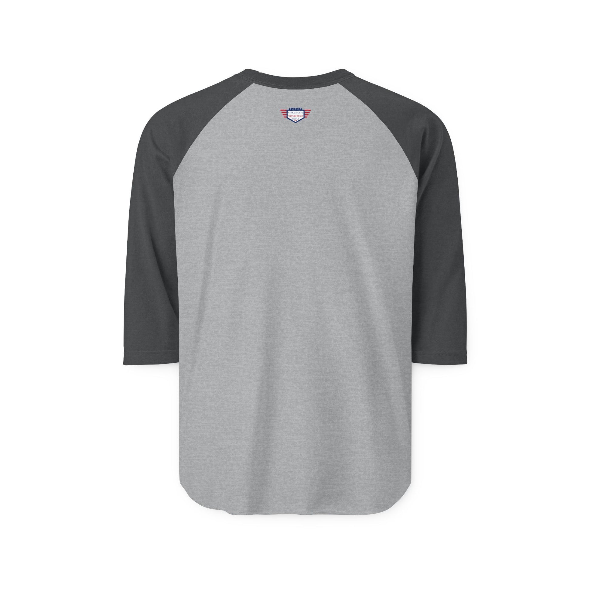 Plain back of heather grey-body black-sleeve raglan shirt, subtle neck tag, clean and casual