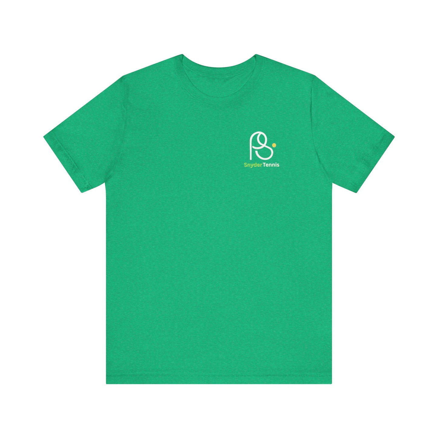 Bright kelly green tee front, white P.S. logo accented by green P.S. Tennis text