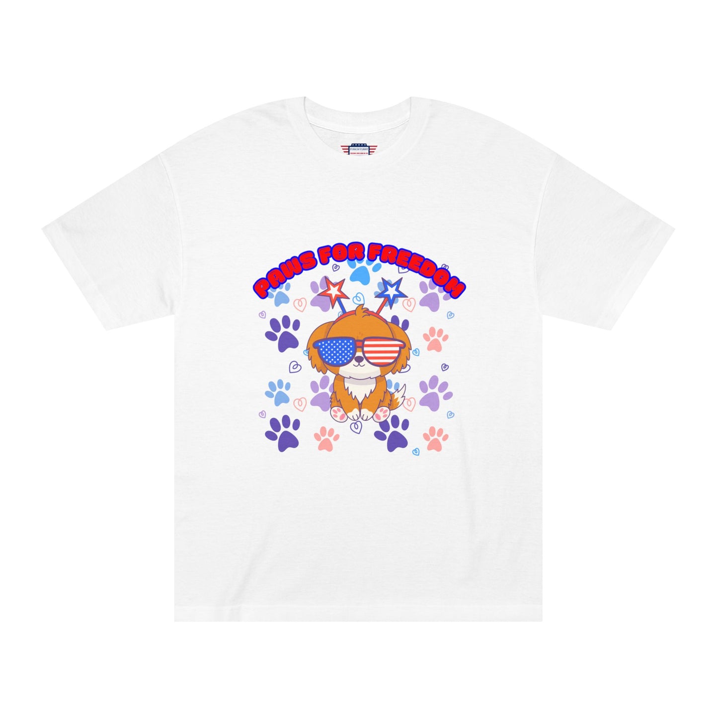 White 'Paws for Freedom' tee front flat lay, Gildan label, patriotic cartoon dog amid paws & stars