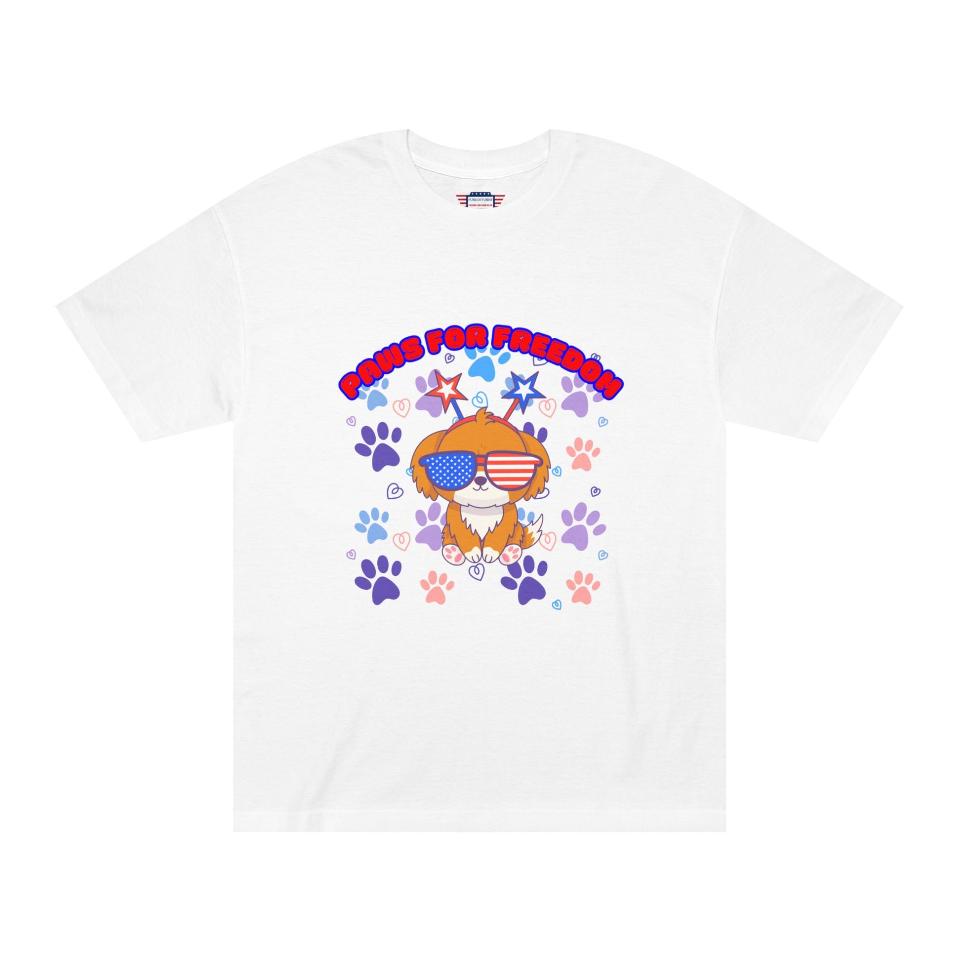 White 'Paws for Freedom' tee front flat lay, Gildan label, patriotic cartoon dog amid paws & stars