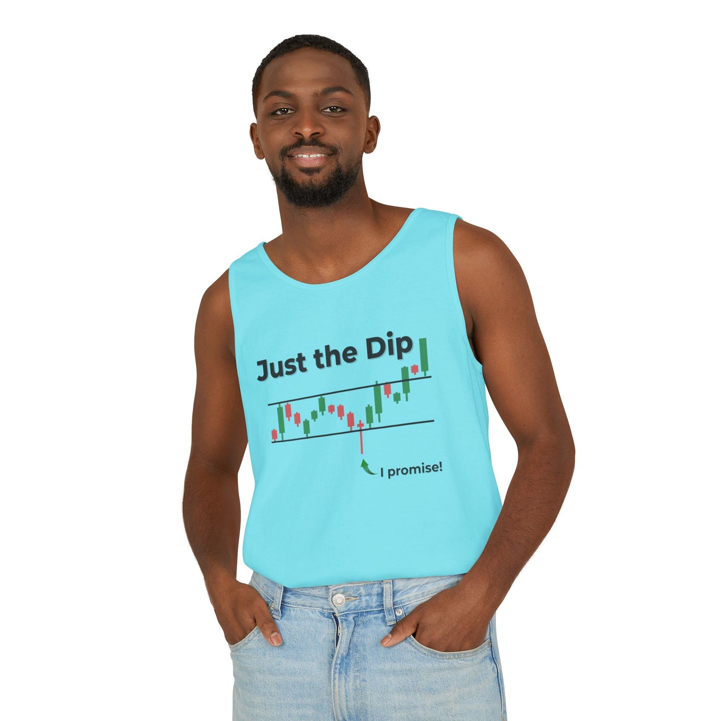 Bearded guy in light cyan blue "Just the Dip" trader humor tank top, smiling front view