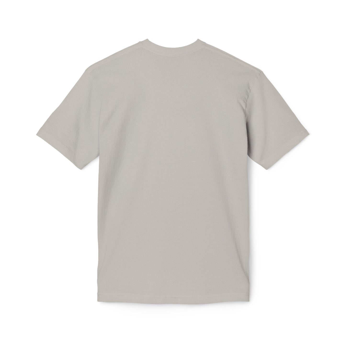 Plain back view of heather gray short-sleeve t-shirt, soft speckled texture