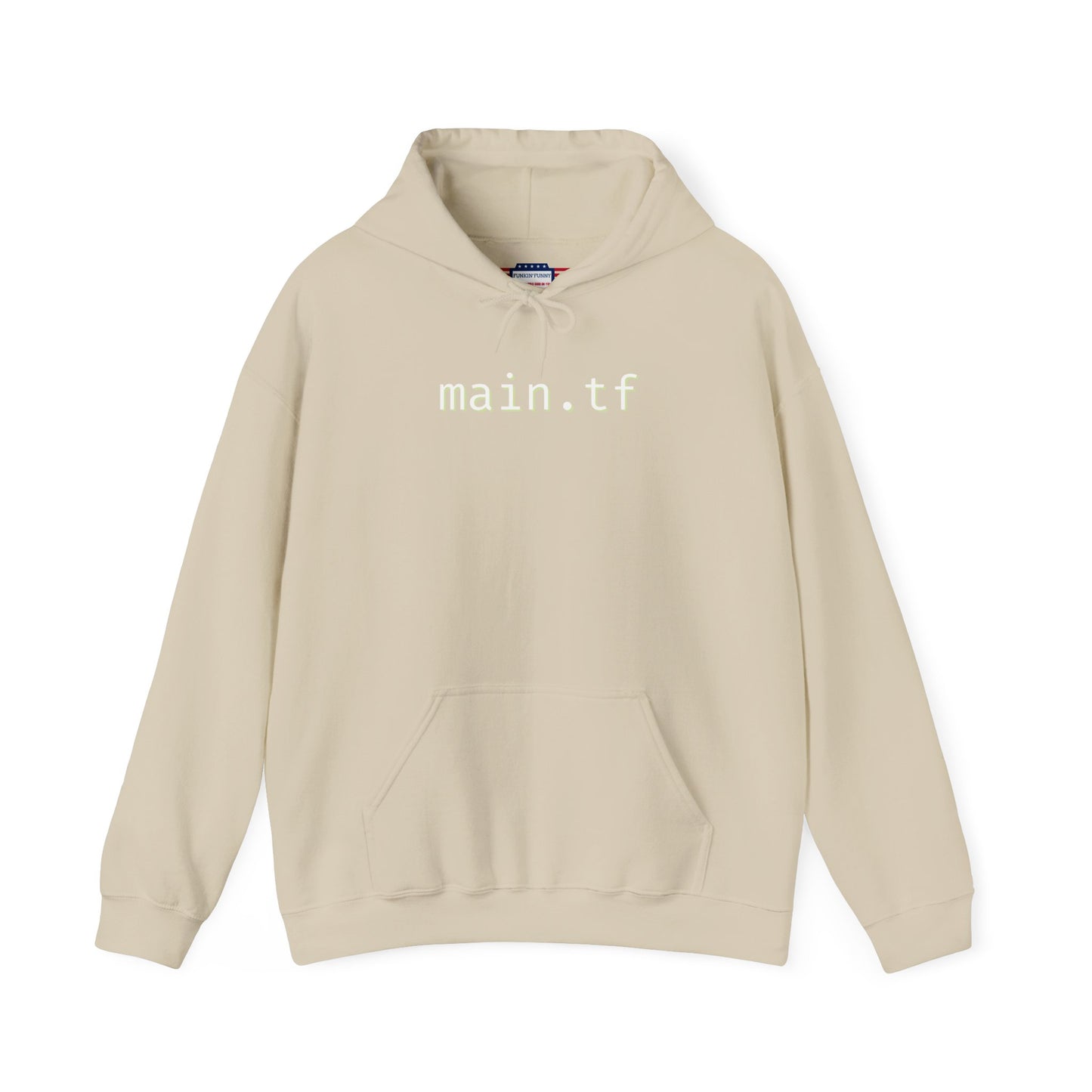 Front view of beige main.tf hoodie with bold white "main.tf" print for subtle IaC vibes
