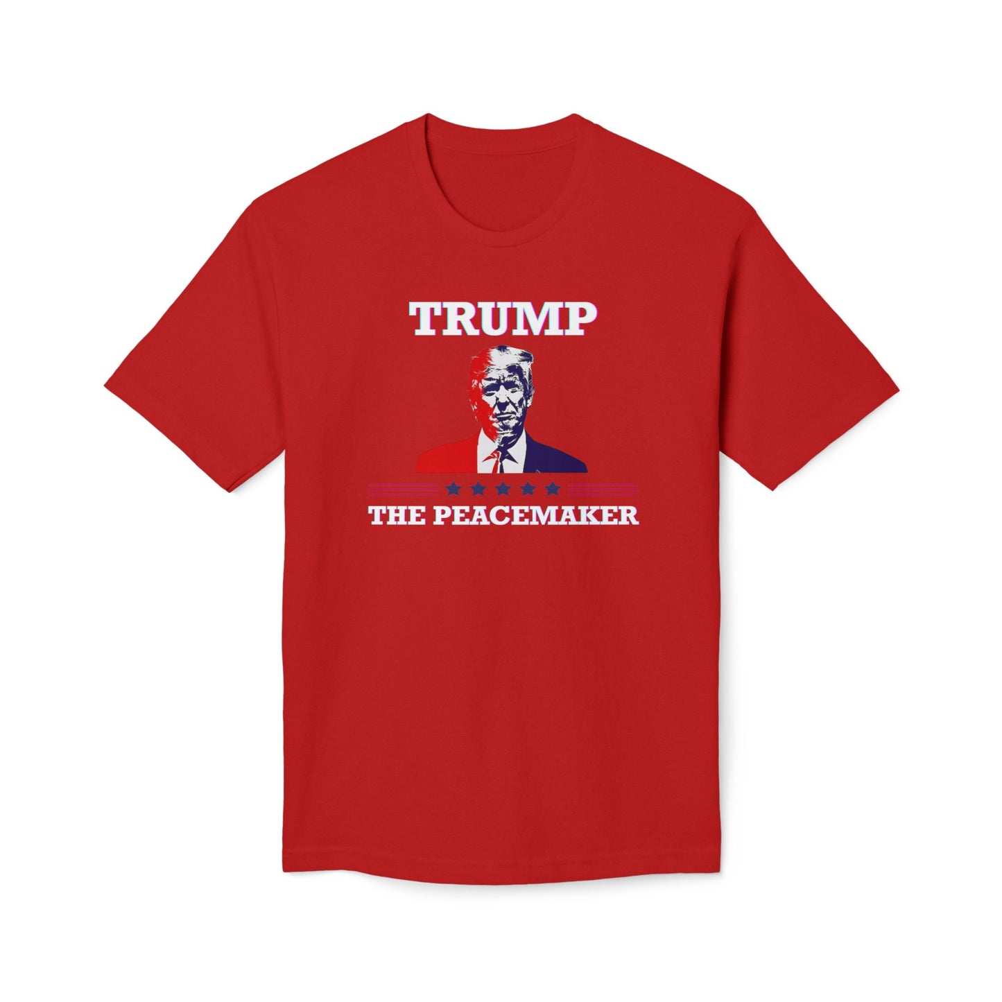 Front view of red Trump The Peacemaker tee—white text, bold Trump face, stars-and-stripes vibe below