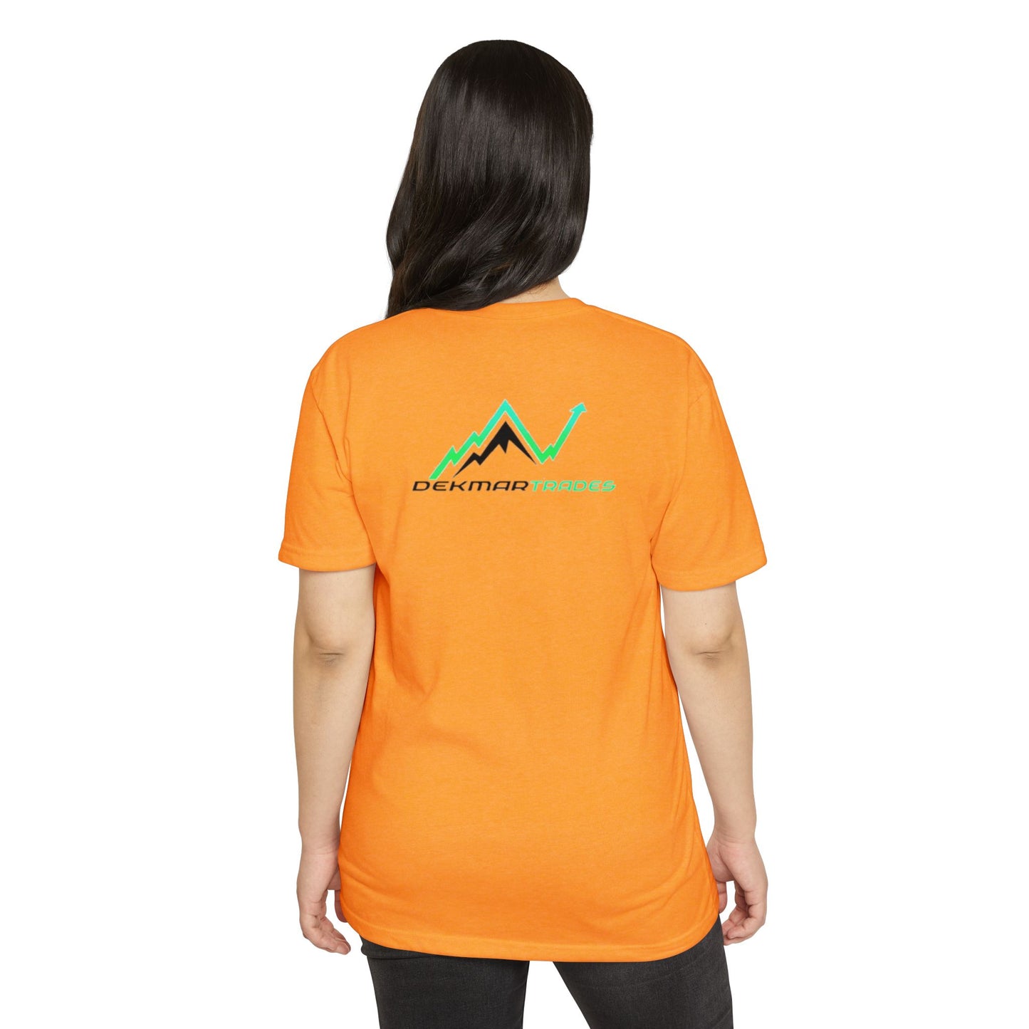 Female model back view of orange CVC t-shirt featuring "Dekmar Trades" green-accented peaks