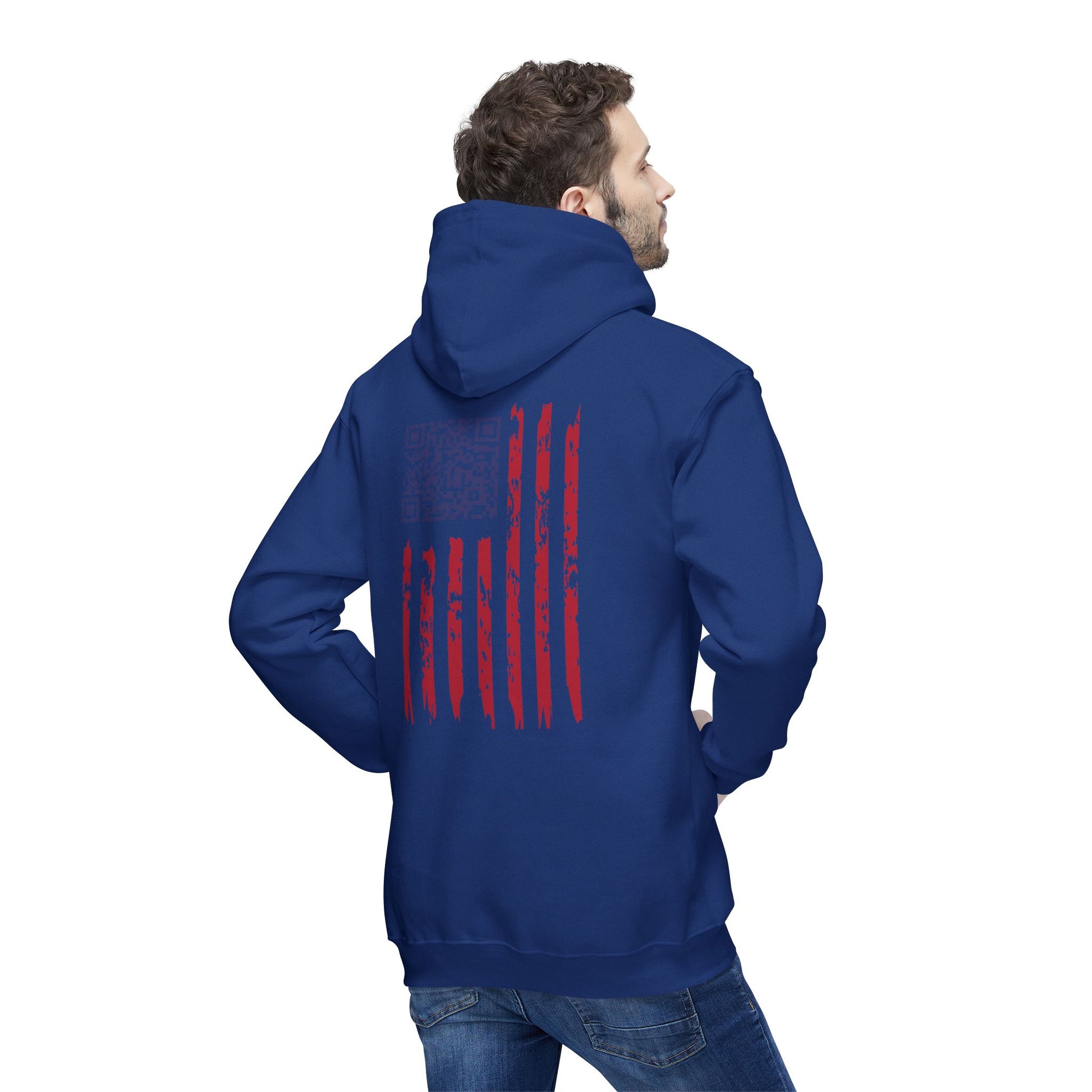 Rear view of man in navy blue hoodie, distressed American flag print on back with gritty stripes