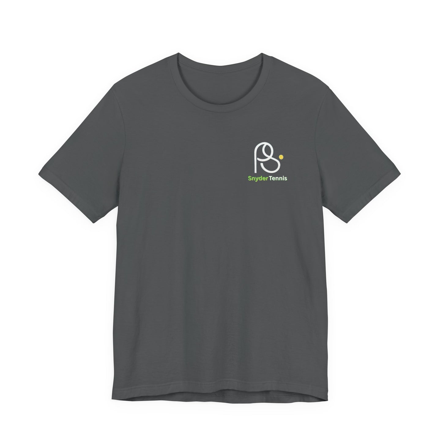 Flat front of heather gray tee, minimal white "P•" logo and green "Pete Tennis" on chest