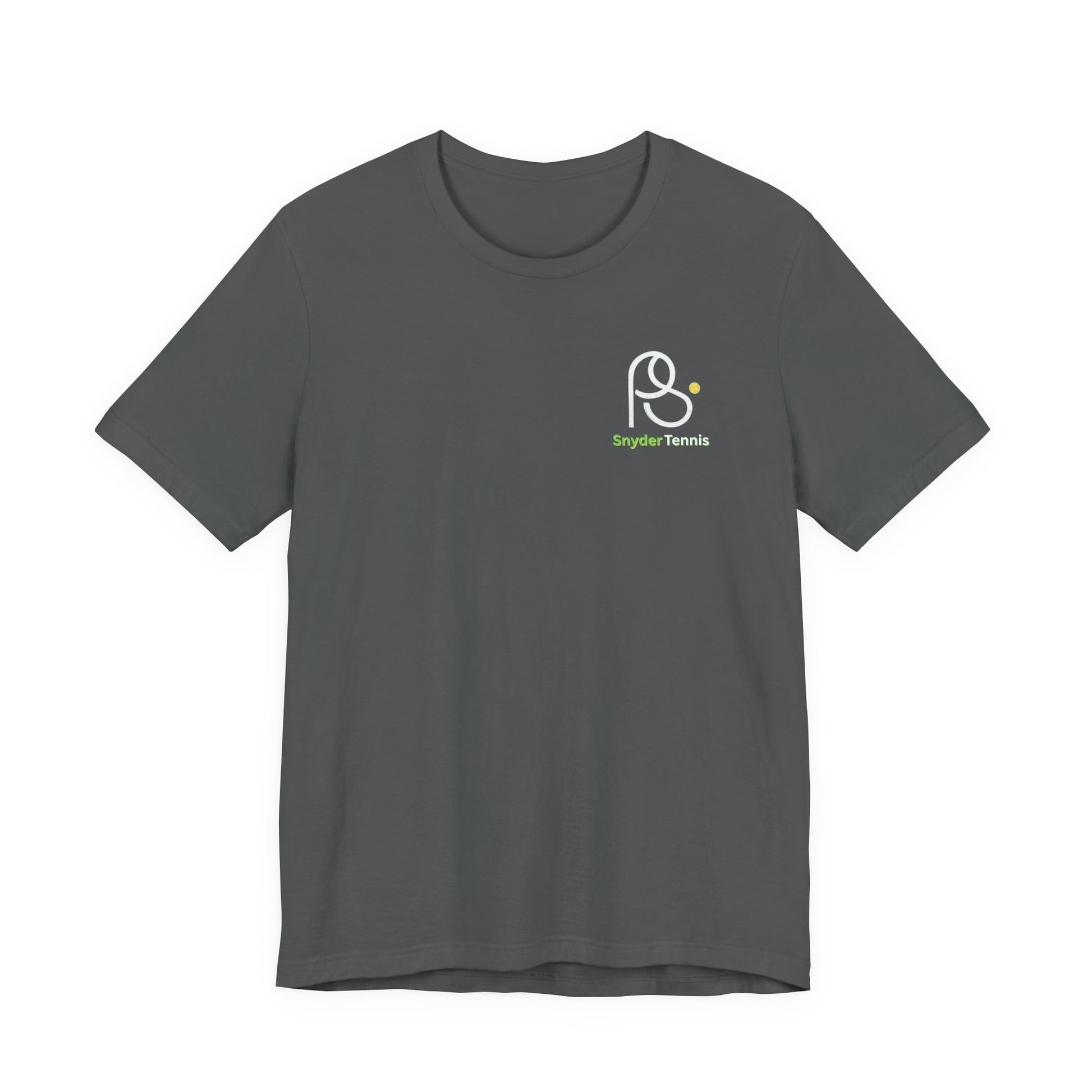 Flat front of heather gray tee, minimal white "P•" logo and green "Pete Tennis" on chest