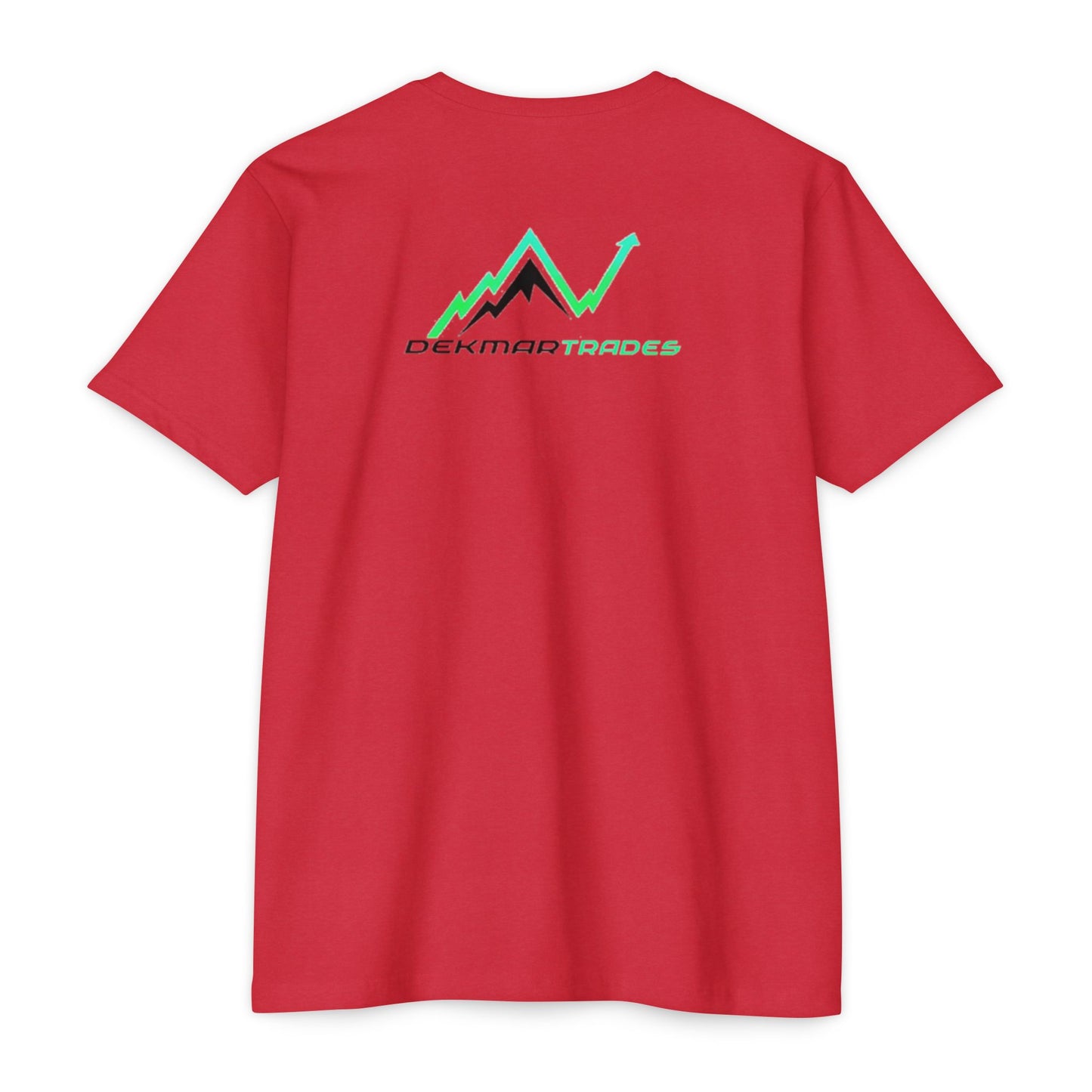 Back view on model, red t-shirt showing Dekmar Trades black & green upchart mountain graphic
