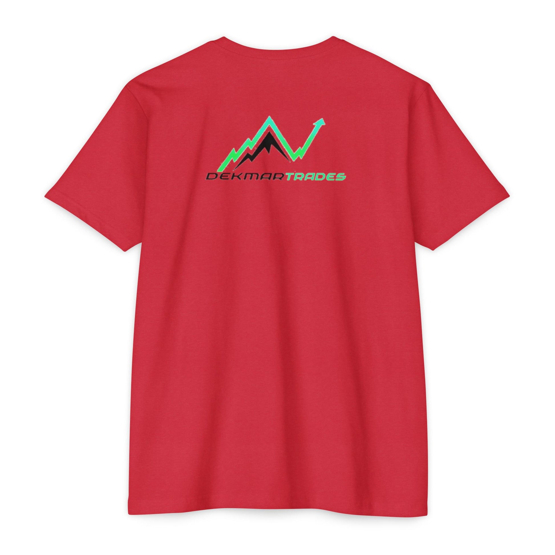 Back view on model, red t-shirt showing Dekmar Trades black & green upchart mountain graphic
