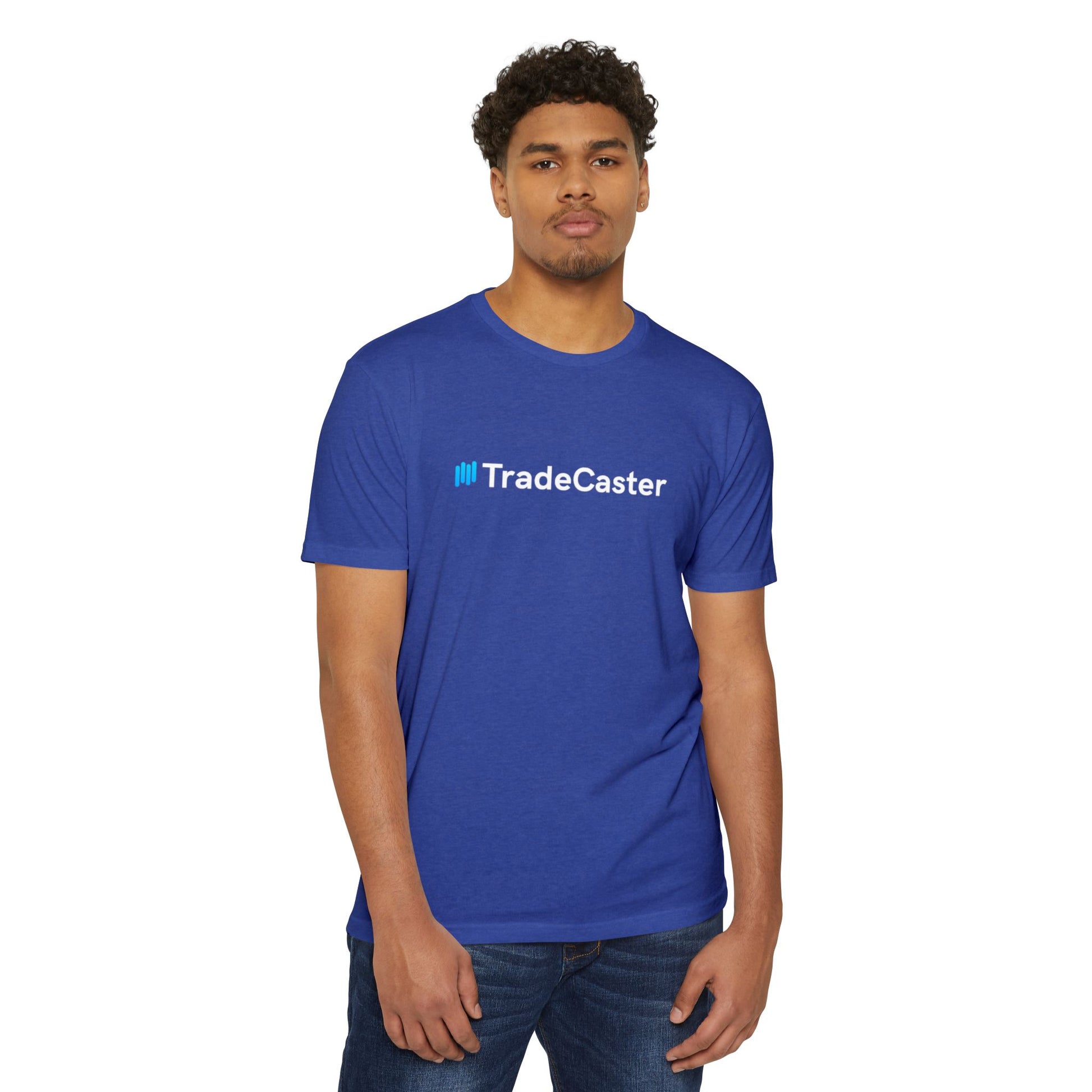 Male model fronts royal blue TradeCaster t-shirt with bold white logo, casual jeans vibe