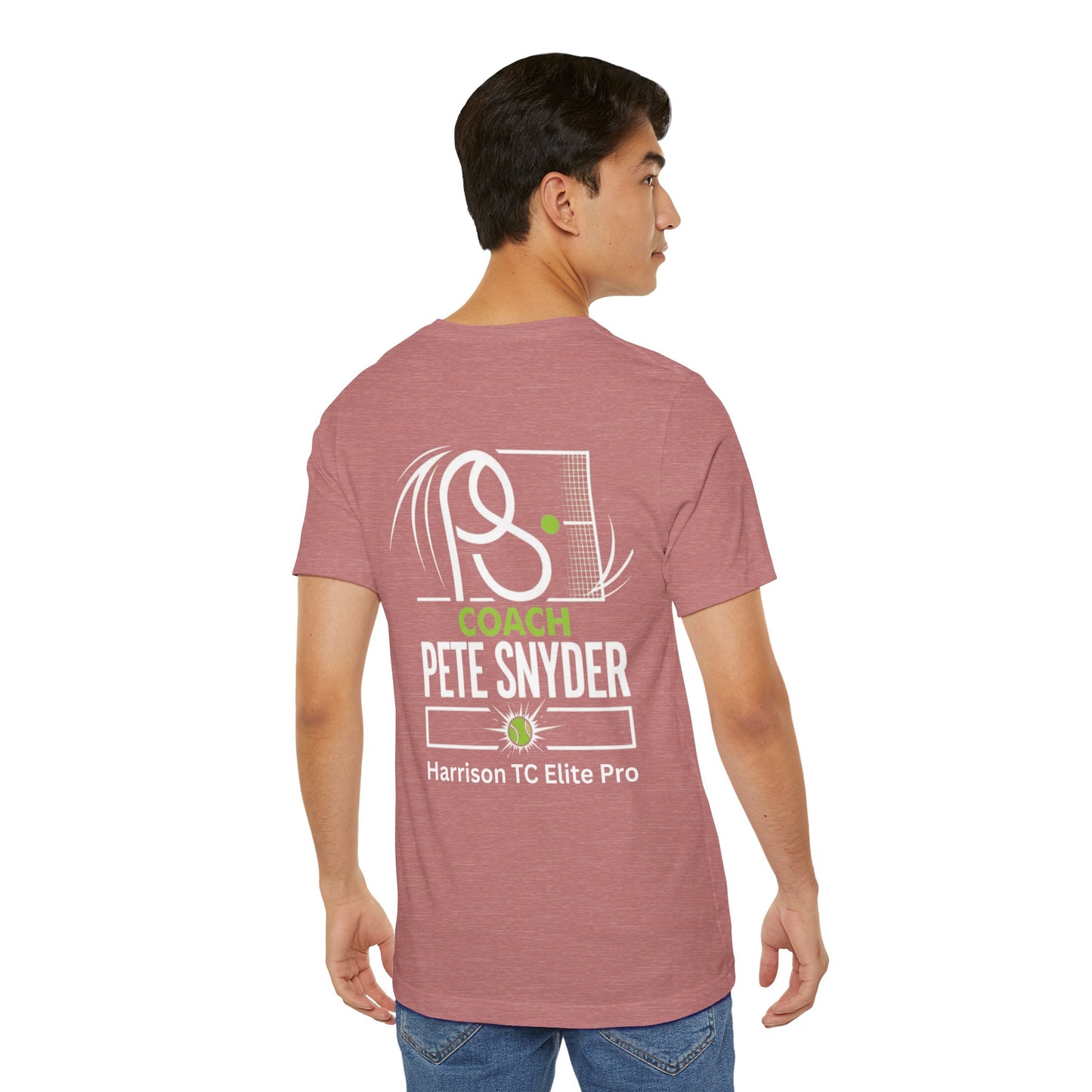 Side-back view of guy in heather maroon Coach Pete Snyder tee, full racquet graphic, "Pete Snyder" text visible