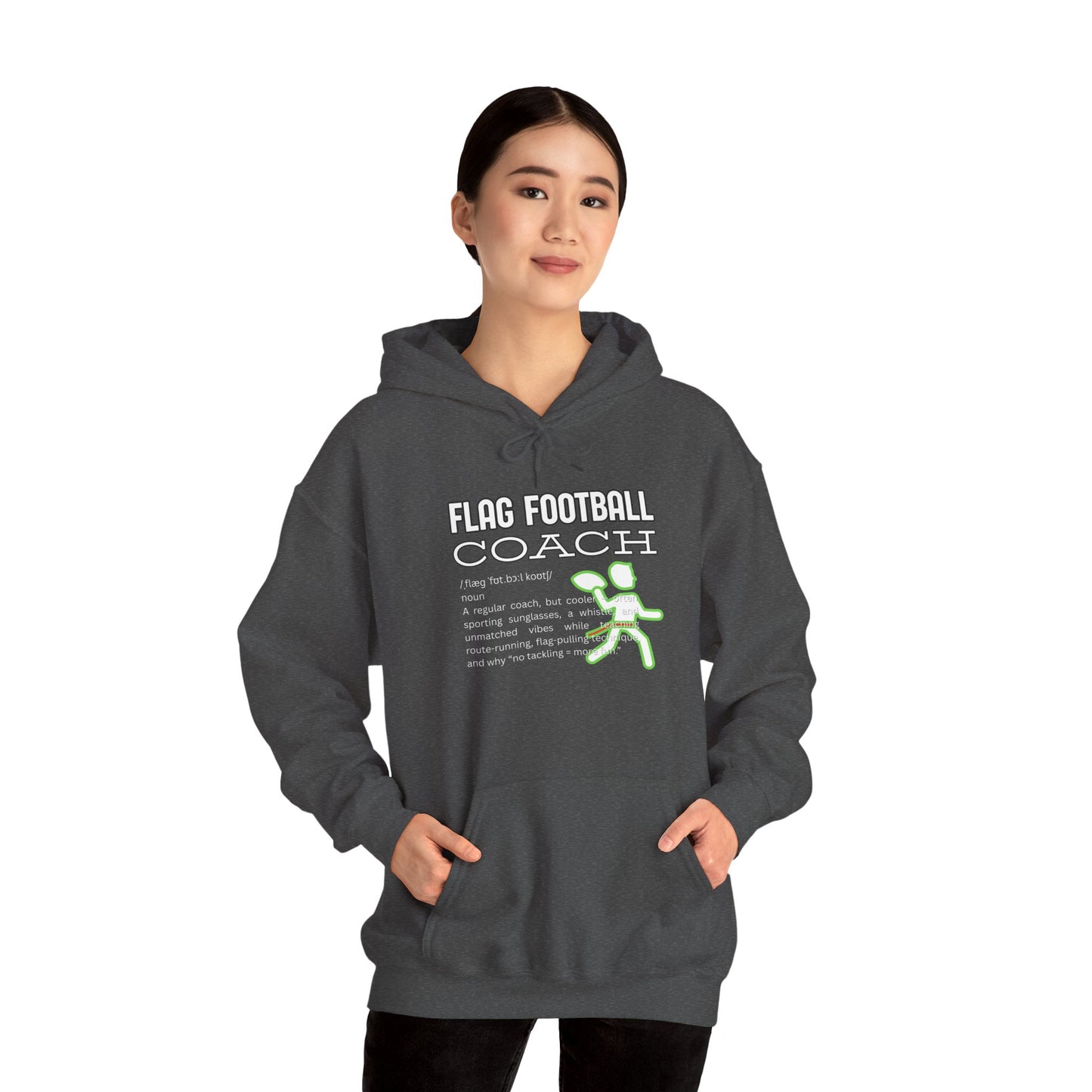 Female model in Sport Grey Flag Football Coach hoodie, front view with white text and neon green stick-figure coach dashing with flags