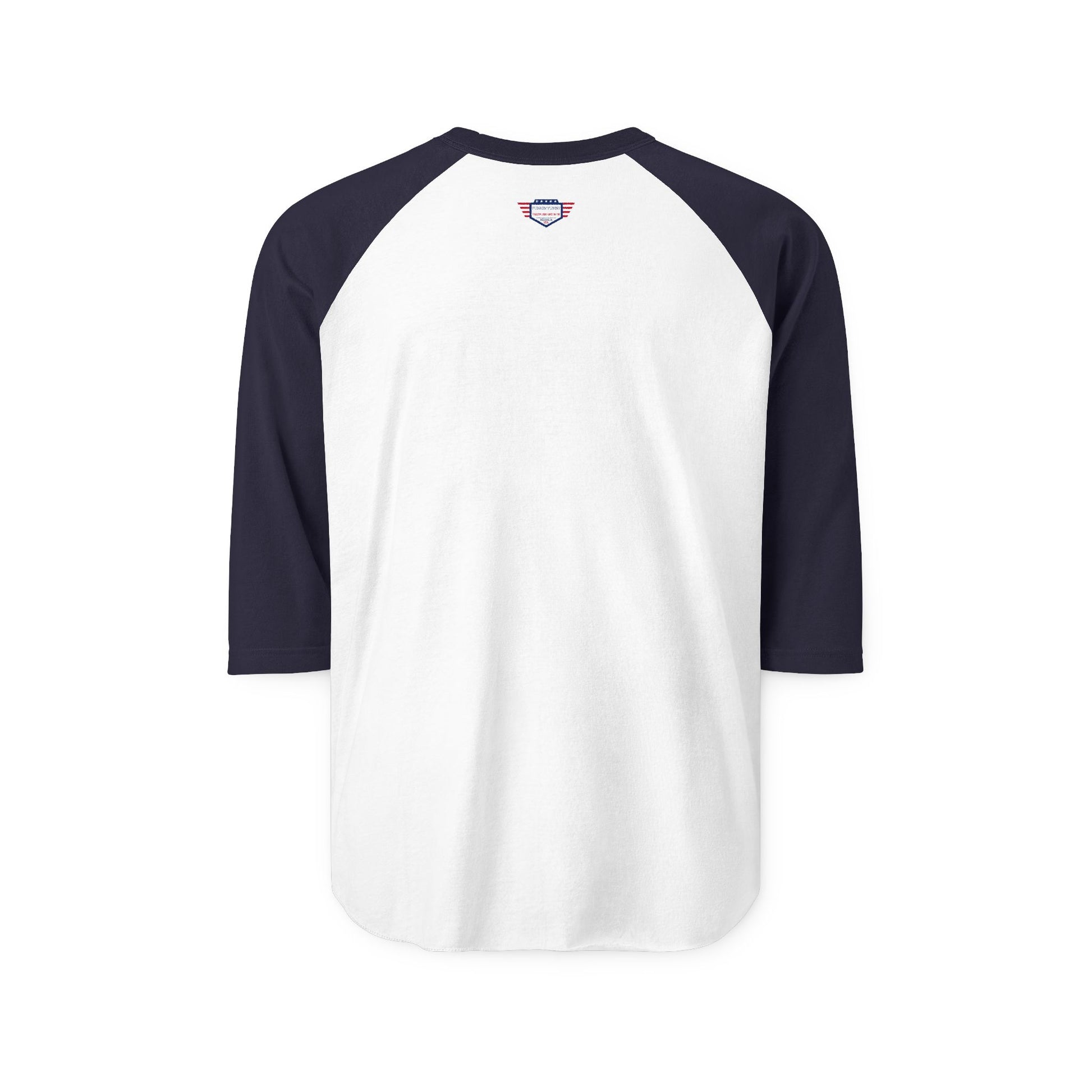 Back view of white raglan tee with navy sleeves – plain back, all action up front