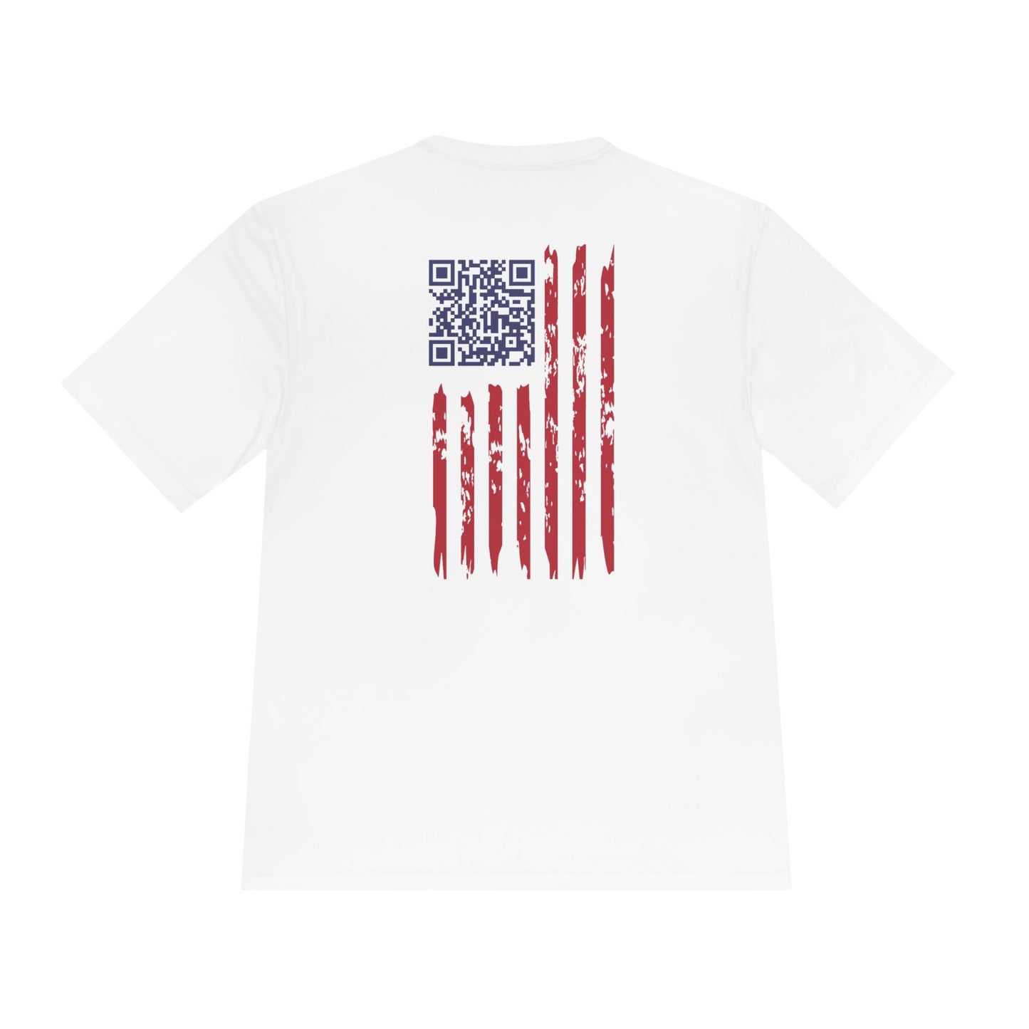 Back view of white moisture-wicking tee with blue QR code and distressed red flag stripes