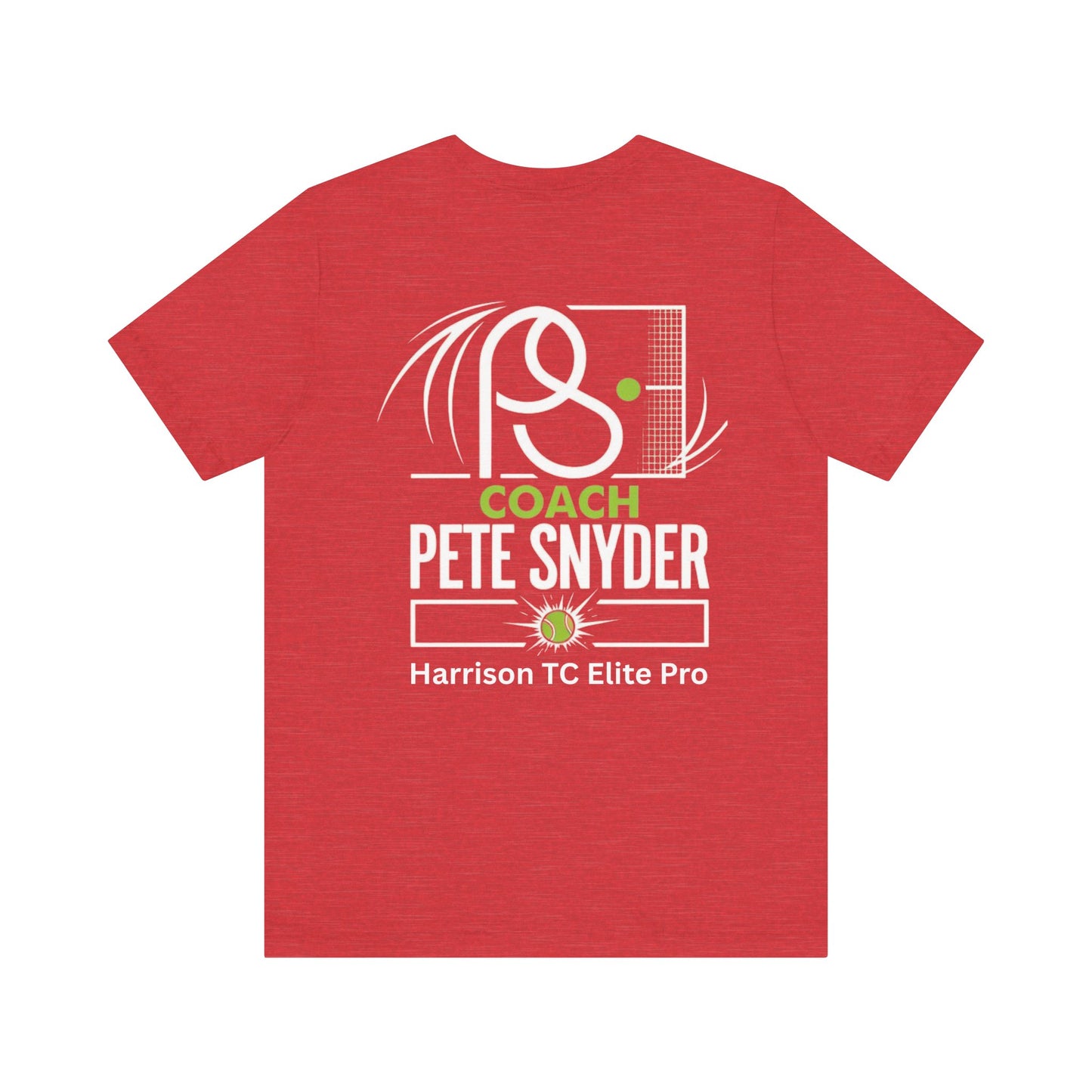 Flat lay back of heather red Coach Pete Snyder tee with white/green racket/net/ball print, "COACH PETE SNYDER Harrison TC Elite Pro"