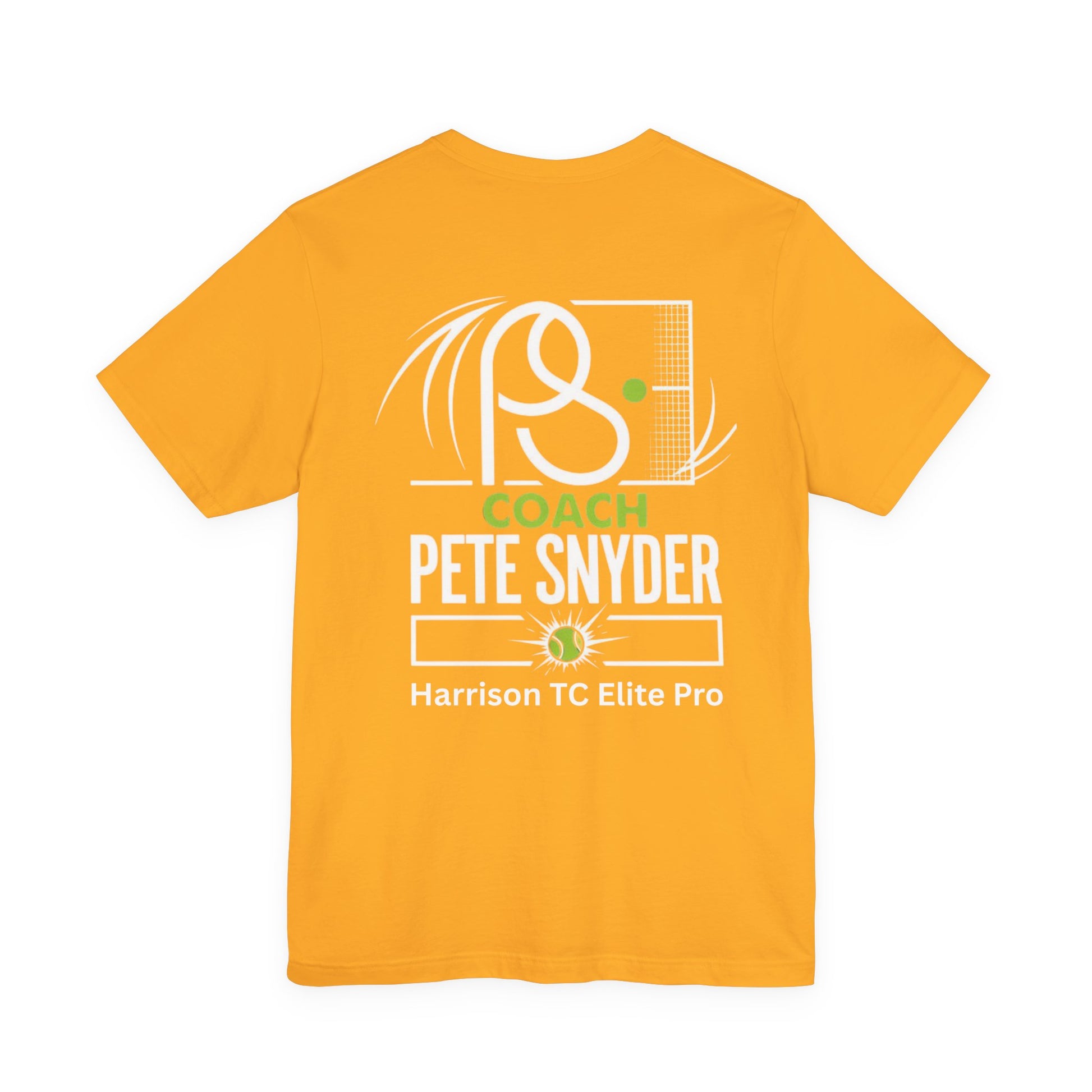 Detailed flat back gold yellow tee with sunburst racket graphic, bold "COACH PETE SNYDER Harrison TC Elite Pro"
