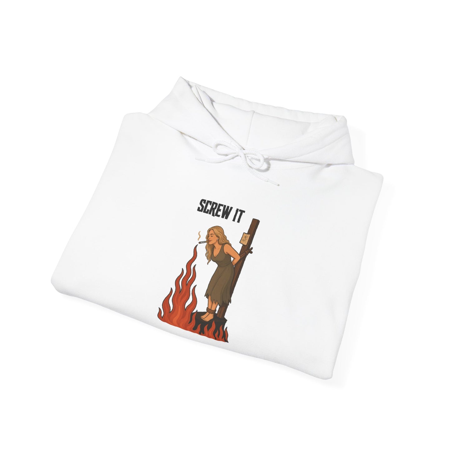 Screw It Hoodie – Funny Retro Character Flaming Witch Graphic Sweatshirt