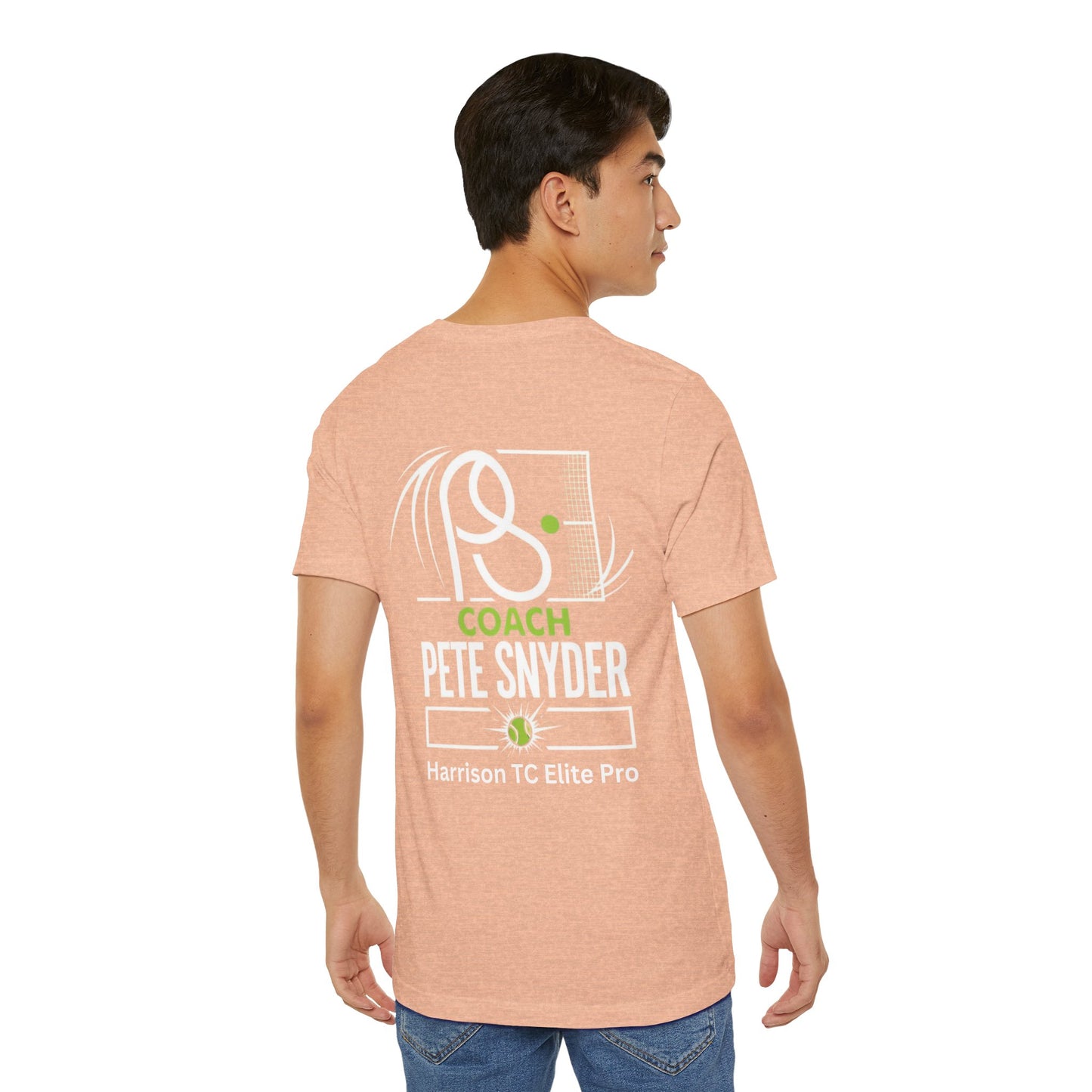 Male model rear view in peach Coach Pete Snyder tee, full back print racket "COACH PETE SNYDER Harrison TC Elite Pro"