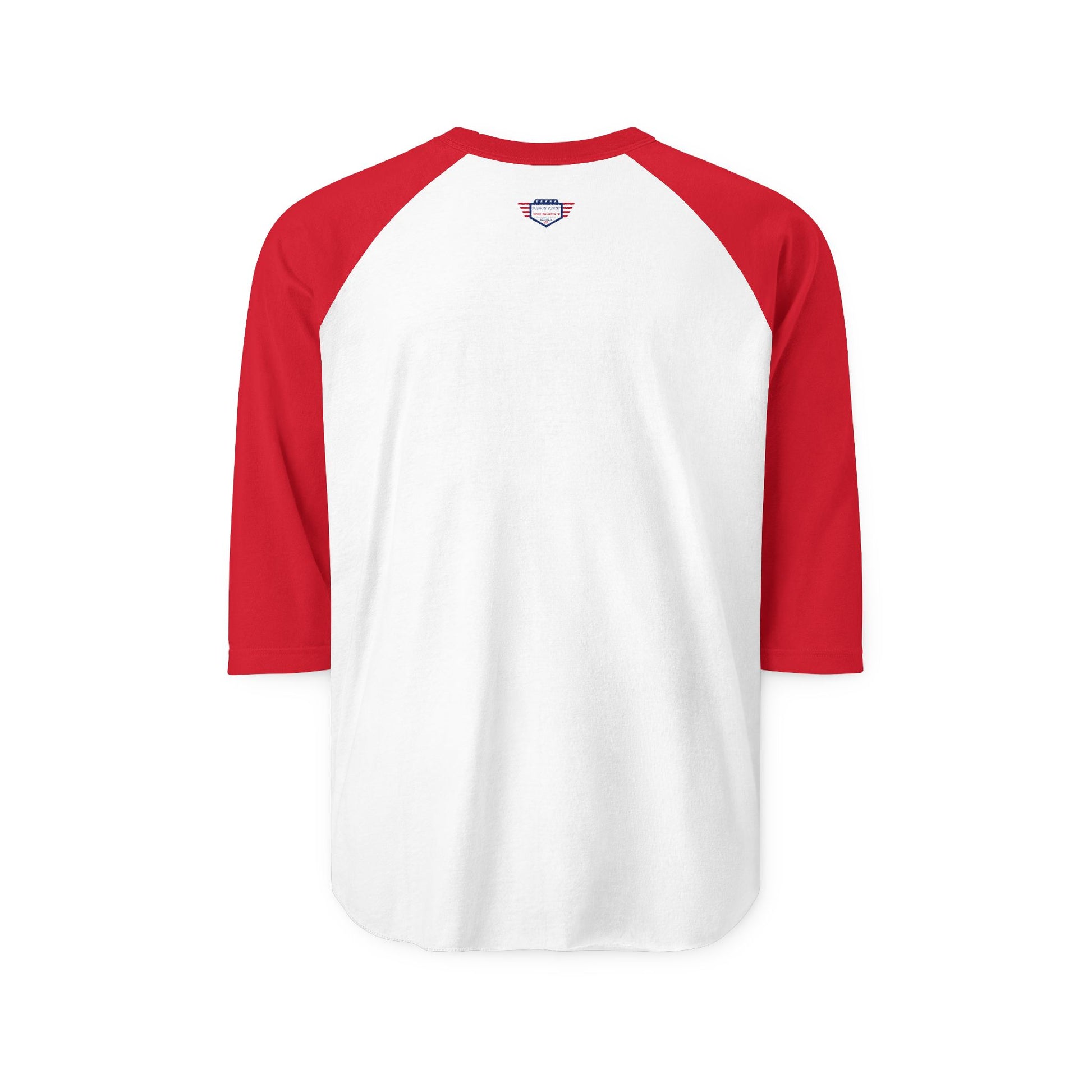 Back view of white raglan shirt with red sleeves, crisp neck label for casual comfort