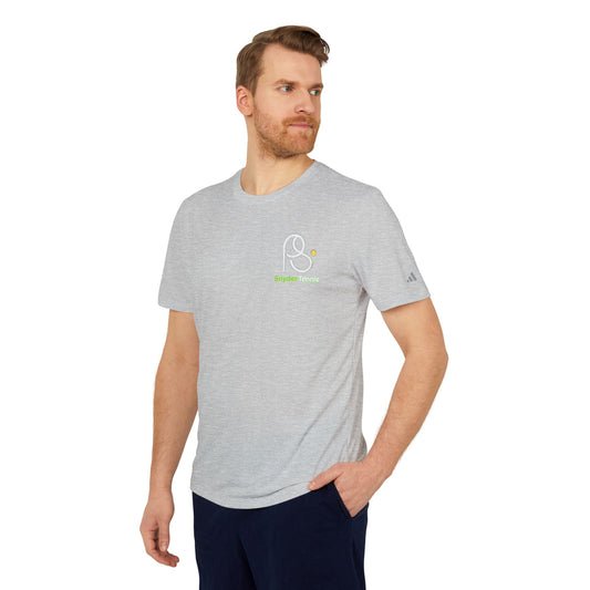 Side view of male model in heather gray adidas tee, Snyder Tennis logo on chest, adidas sleeve badge