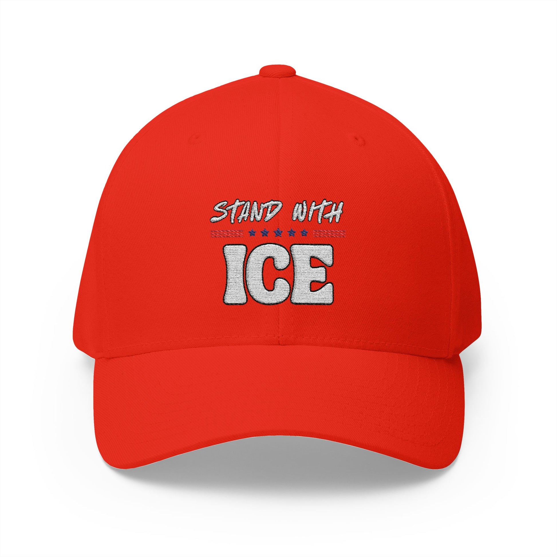 Front view of red structured cap with crisp "Stand With ICE" white embroidery and patriotic red/white/blue accents
