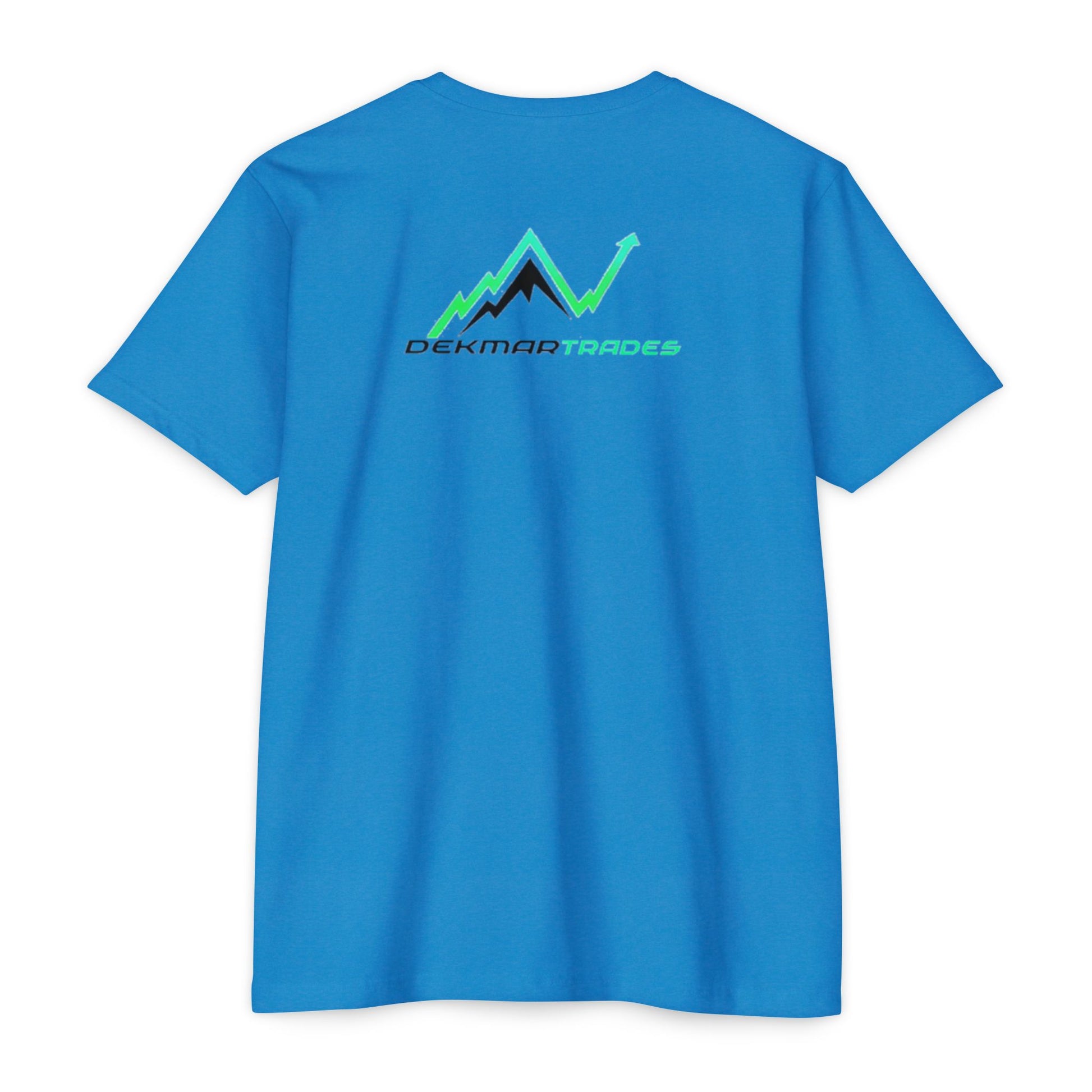 Flat back view of turquoise t-shirt, vibrant green "Dekmar Trades" with upward mountain graph