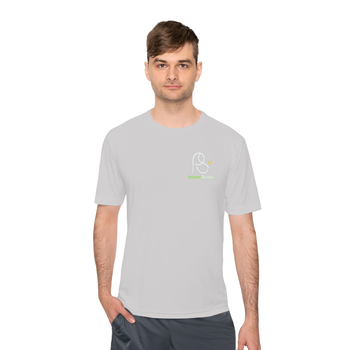 Male model wearing light gray tee, front view with white "P S" emblem and green "Brighton Tennis"